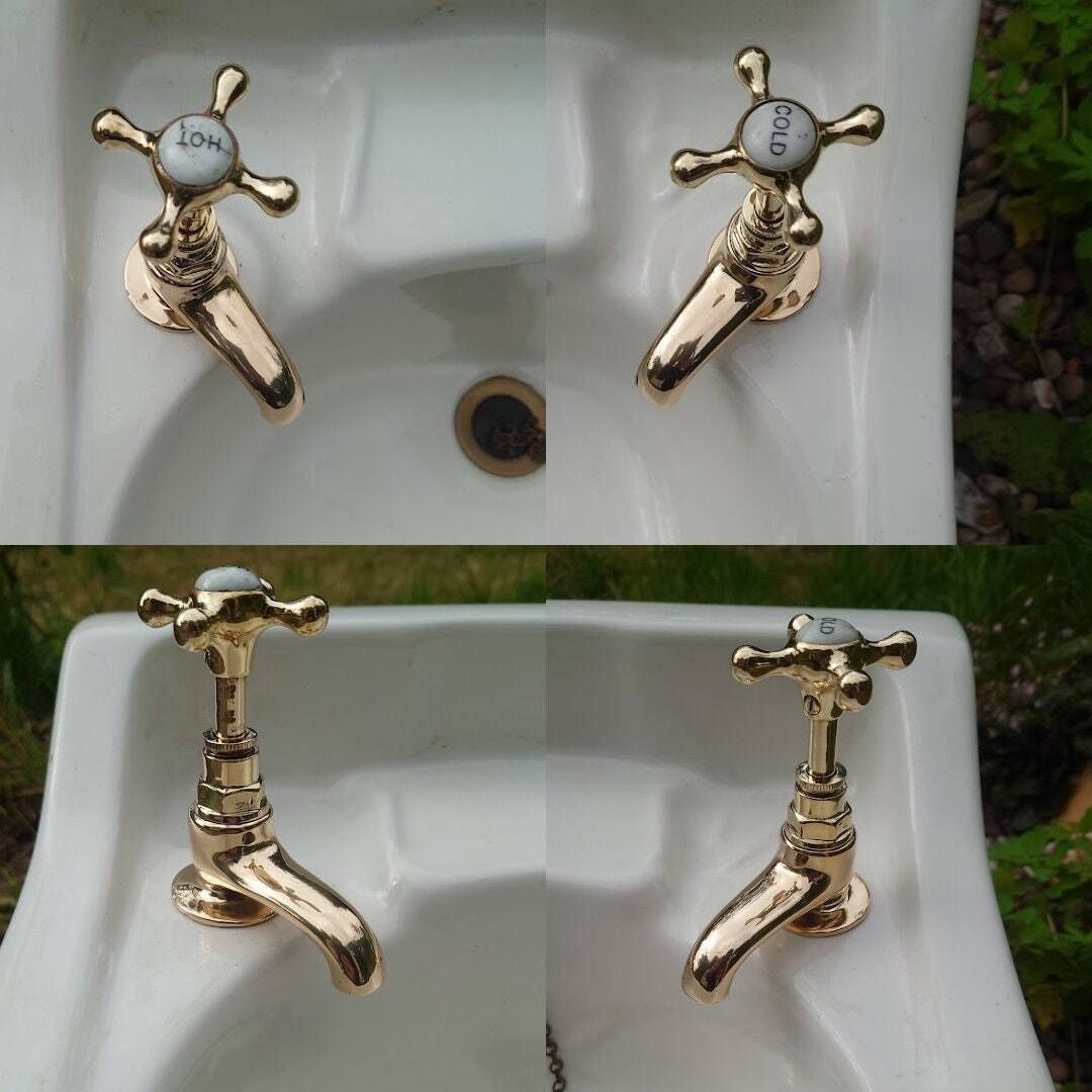 photo for sale Vintage Brass Basin Taps, Polished Brass, Overhauled And Ready To Fit, Brass Bathroom Faucets