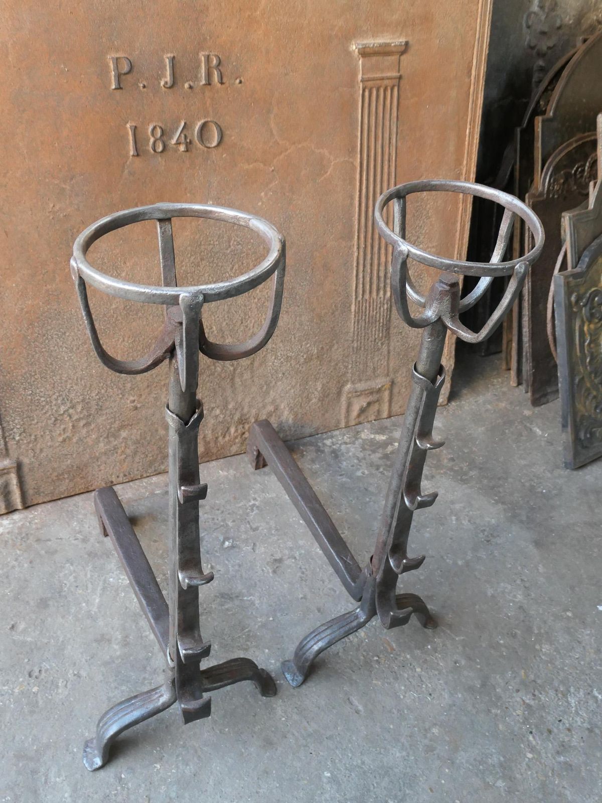photo furniture Large French 17th Century Gothic Andirons Or Landiers