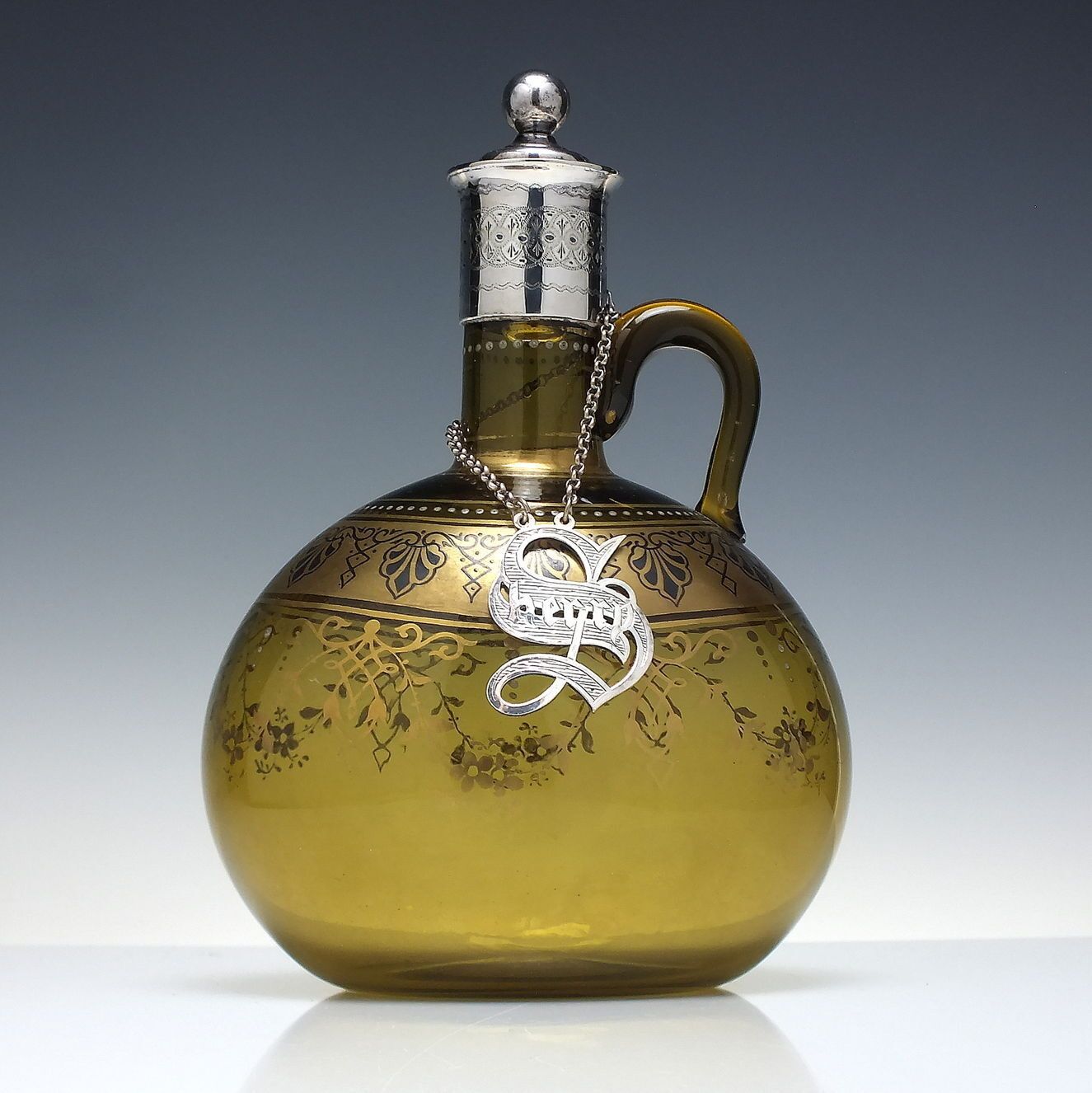 Pair Of 19th Century Amber Gilded Glass Spirit Flagon Decanters In Silver Plated Frame C1860 photo for sale