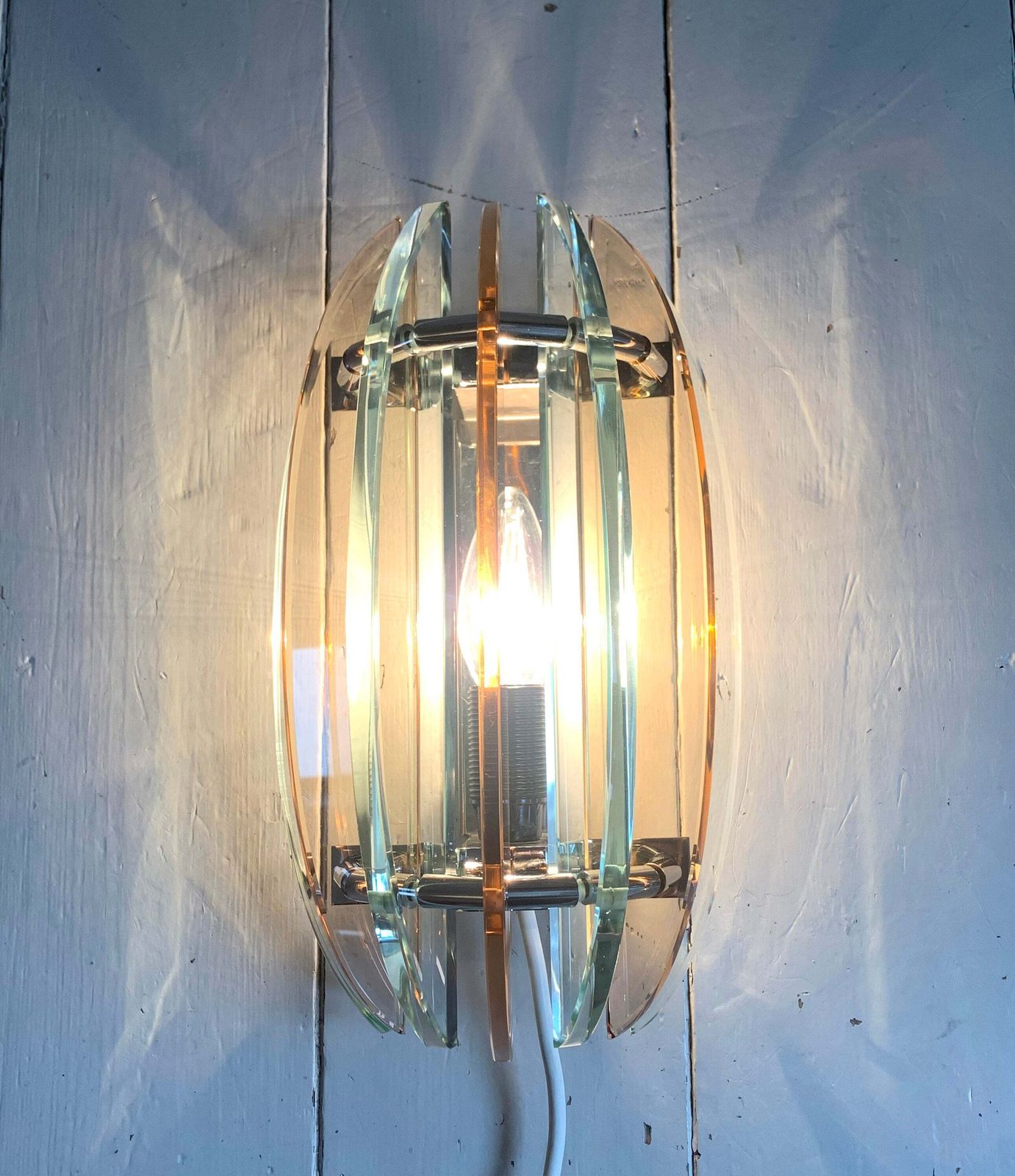Pair Of Vintage 1970s Italian Veca Wall Sconces / Lights Pale Orange & Green photo for sale