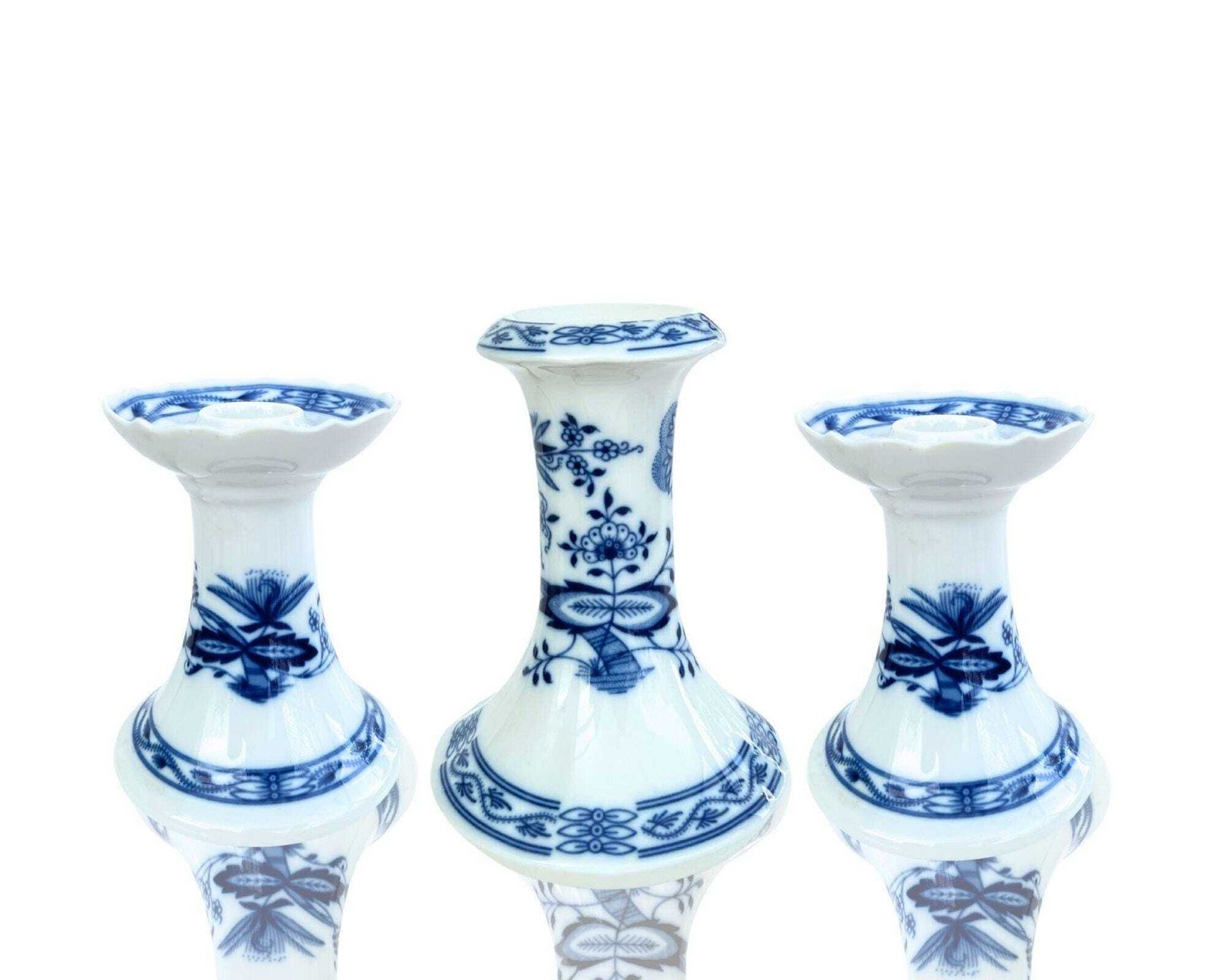 Blue Onion Candleholders | 3pcs | Blue And White Porcelain | Czechoslovakia photo for sale