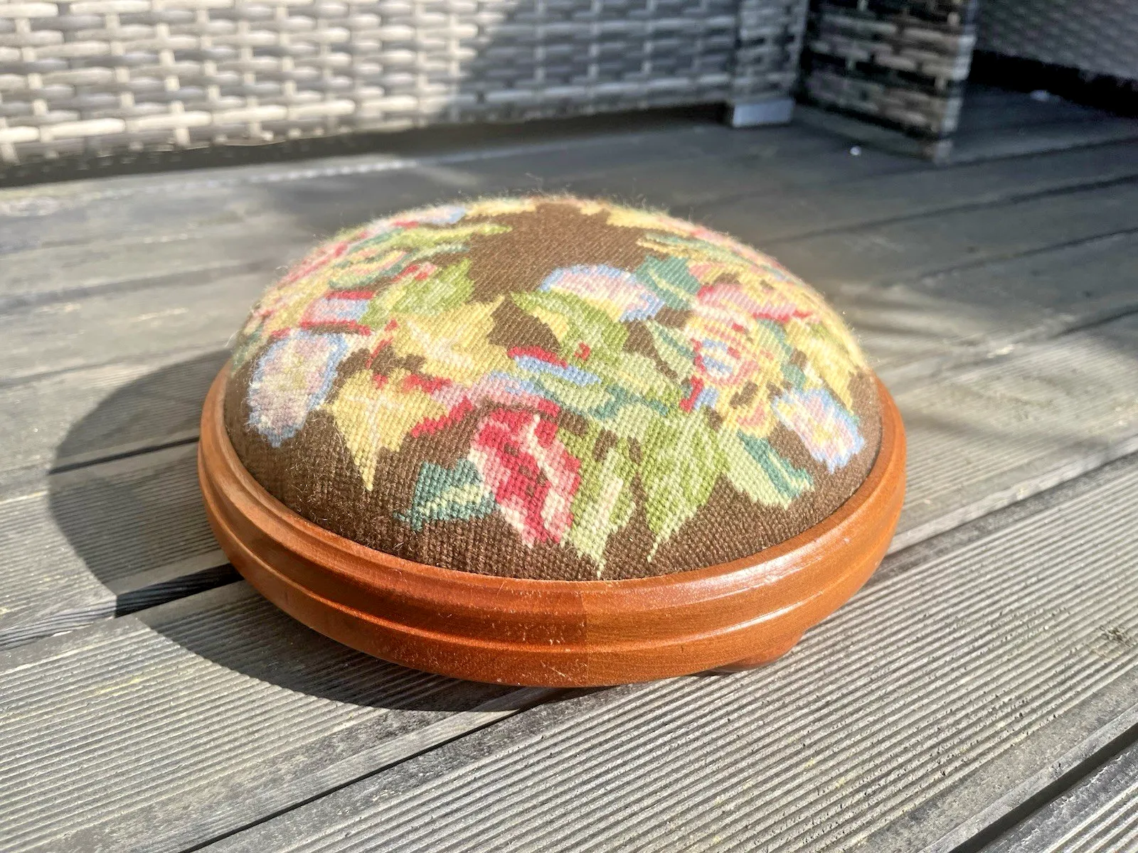 Antique Floral Tapestry Needlepoint Low Bun Foot Stool Old English Country House photo furniture