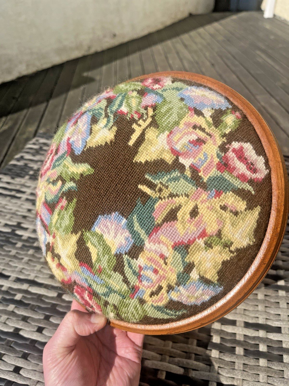 50.0 Antique Floral Tapestry Needlepoint Low Bun Foot Stool Old English Country House photo