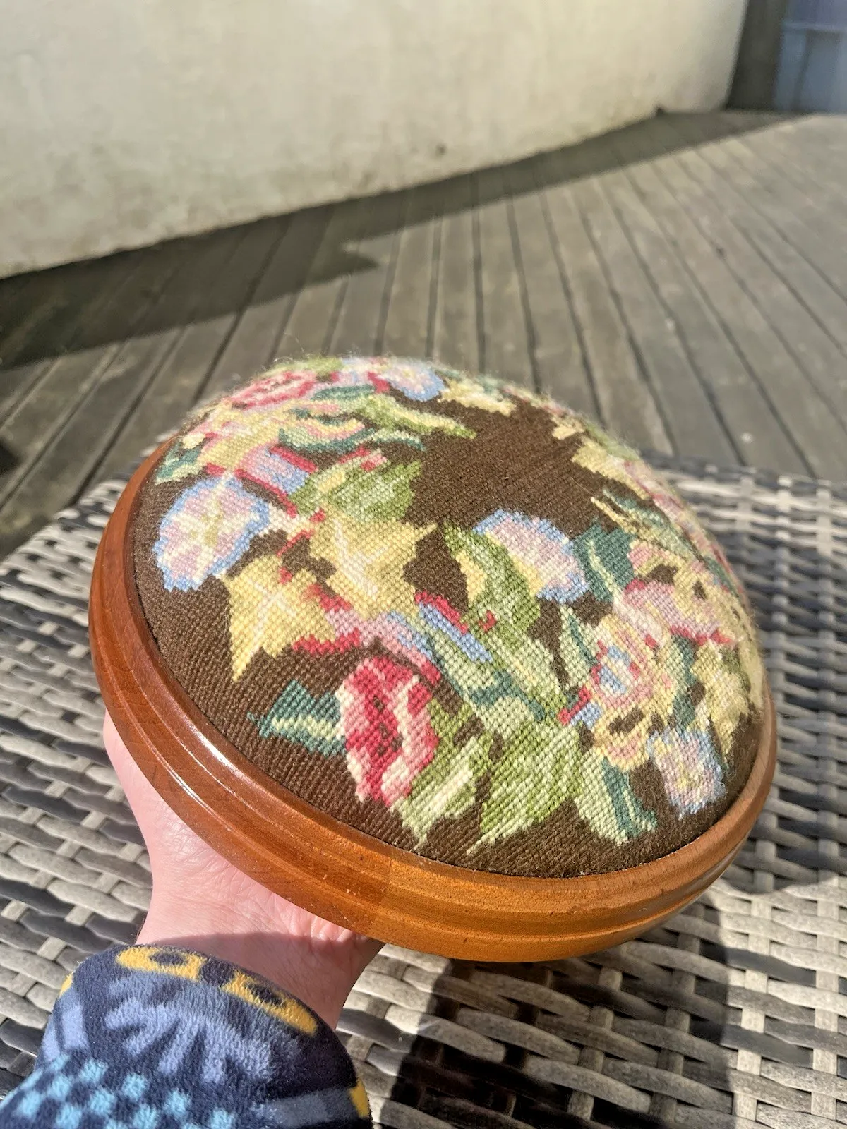 photo buy Antique Floral Tapestry Needlepoint Low Bun Foot Stool Old English Country House