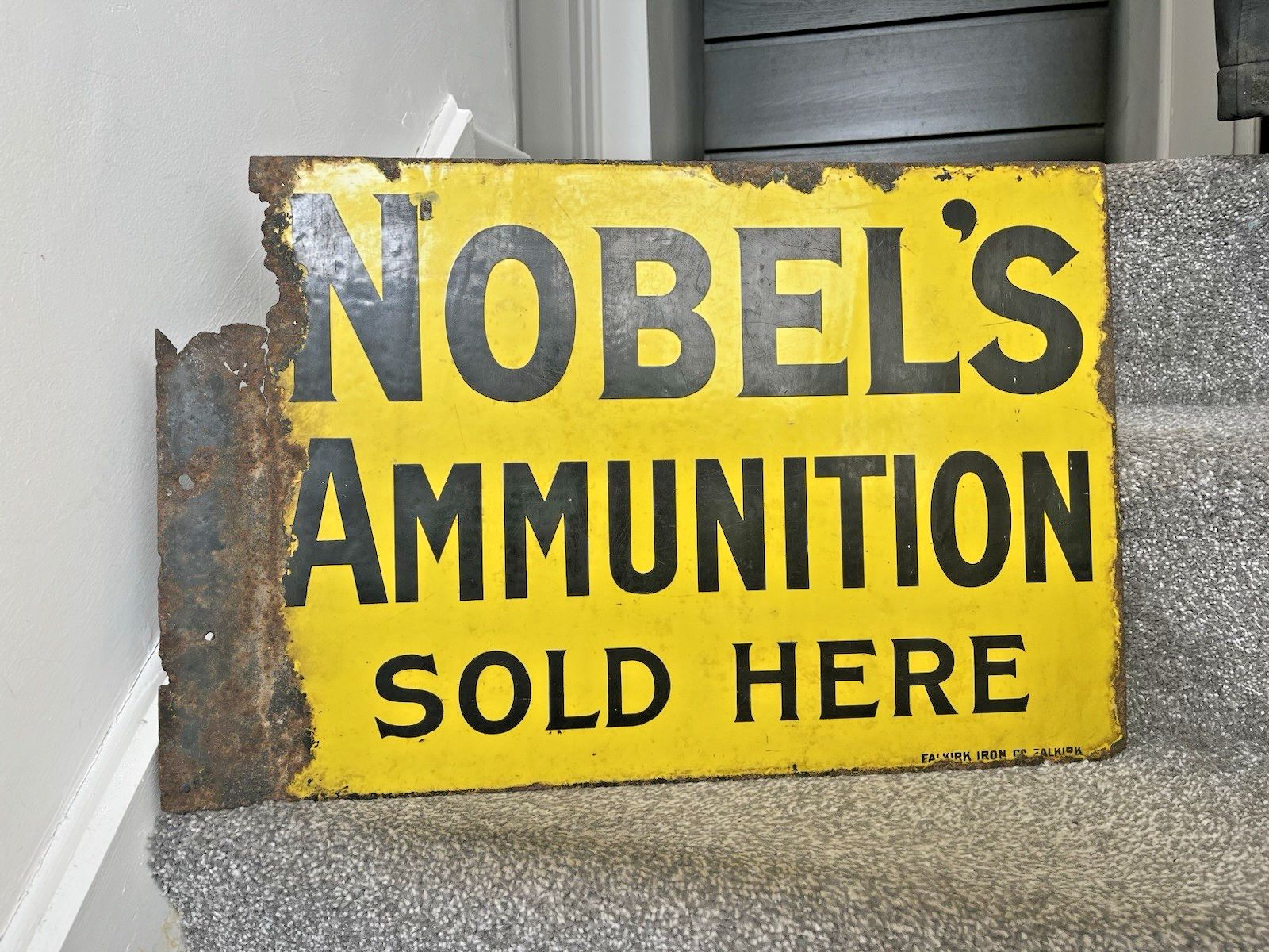 photo vinterior Antique Nobel's Ammunition Here Metal Enamel Shotgun Ammo Cartridges Sign