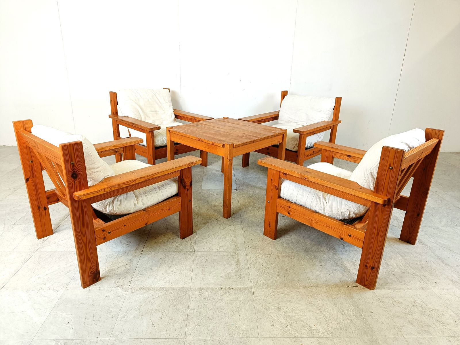 Set Of 4 Vintage Armchairs With Foot Stools, Pine Wood, Denmark 1980s photo furniture
