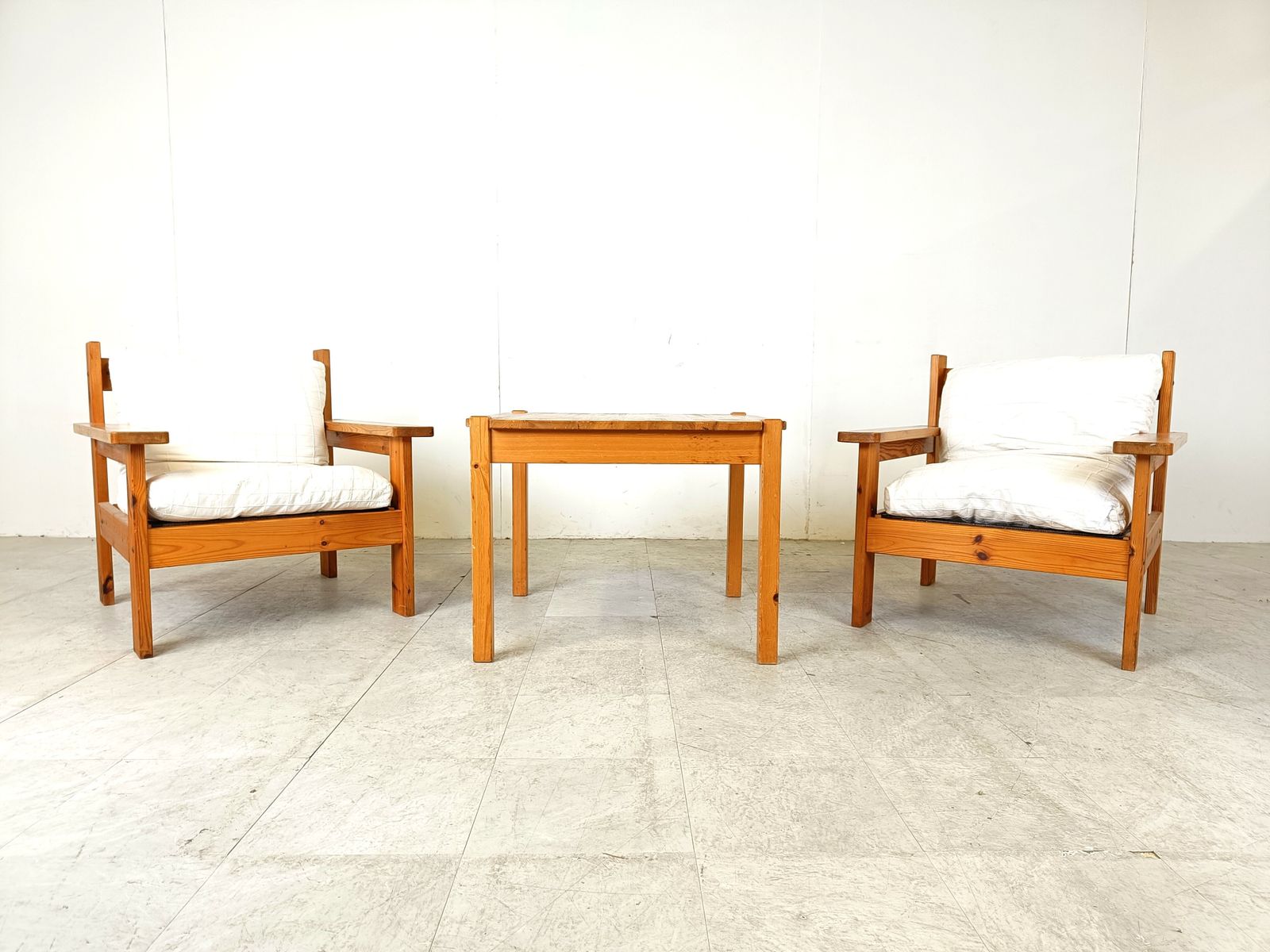 Set Of 4 Vintage Armchairs With Foot Stools, Pine Wood, Denmark 1980s photo 1000.0