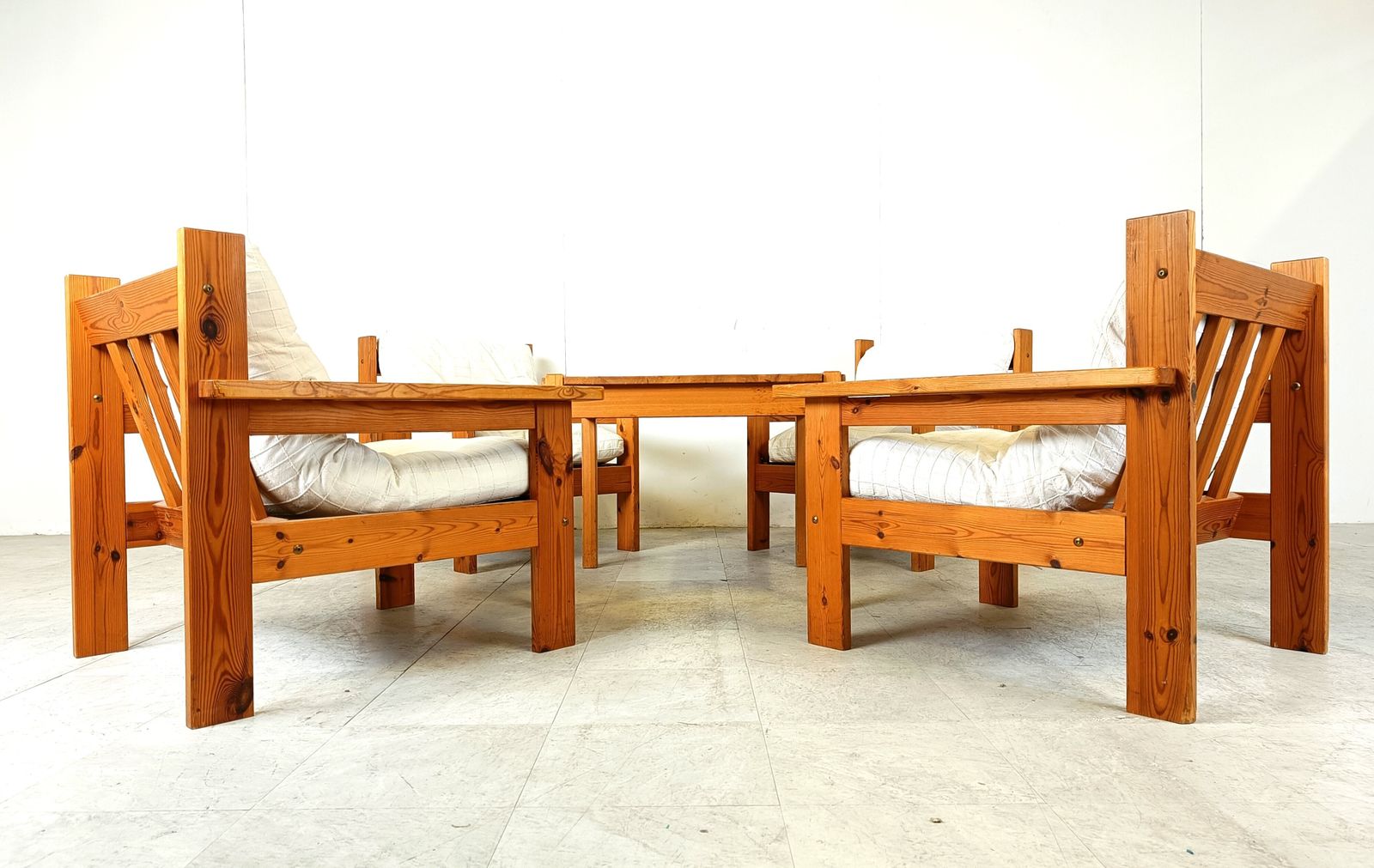 photo for sale Set Of 4 Vintage Armchairs With Foot Stools, Pine Wood, Denmark 1980s