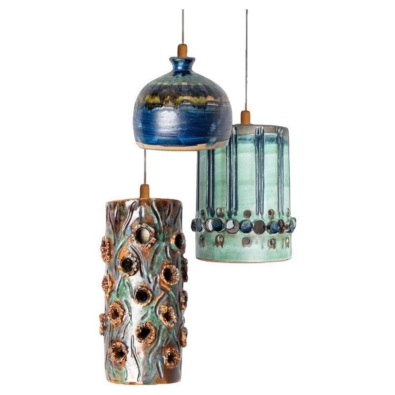 1 Of 3 Turquoise Blue Brown Ceramic Pendant Lights, Denmark, 1970