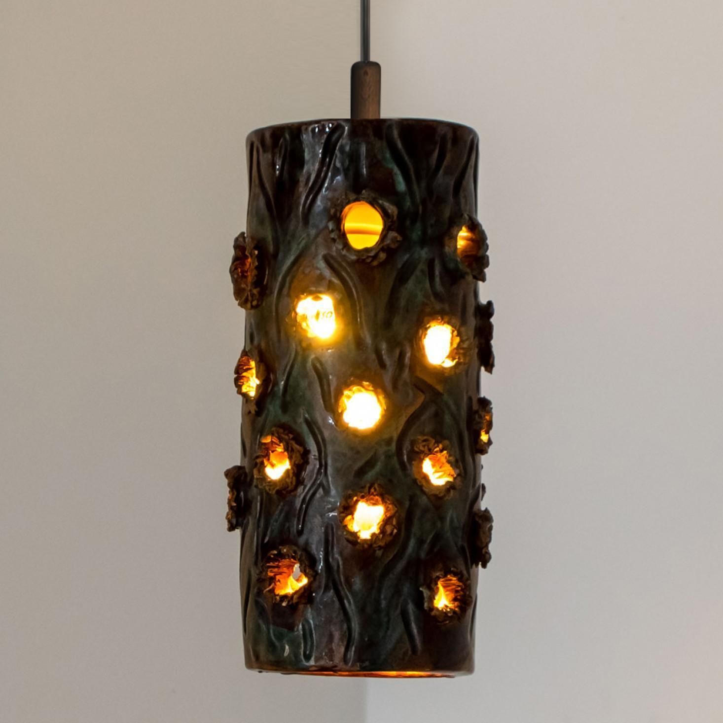 1 Of 3 Turquoise Blue Brown Ceramic Pendant Lights, Denmark, 1970 photo for sale