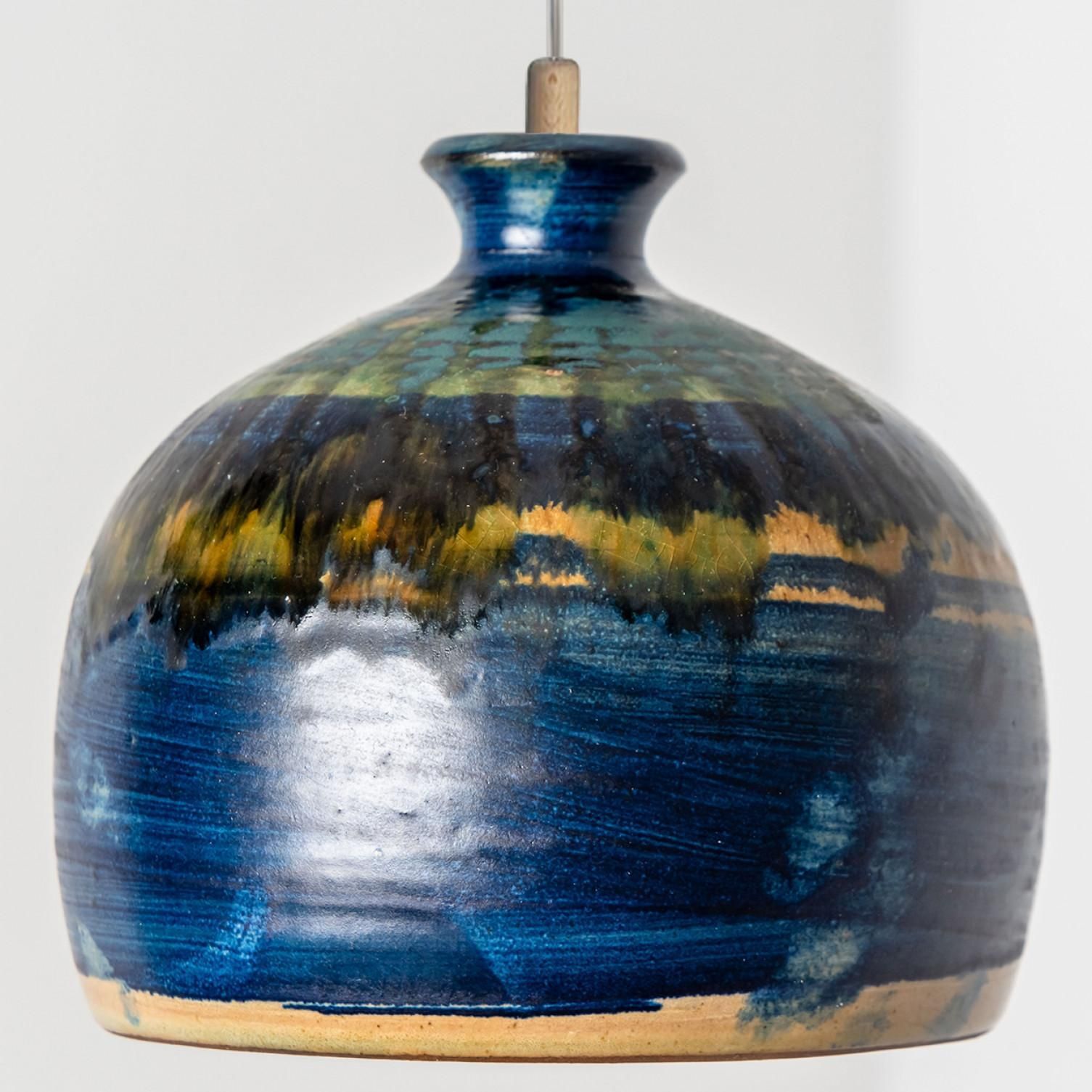 1 Of 3 Turquoise Blue Brown Ceramic Pendant Lights, Denmark, 1970 photo Lighting