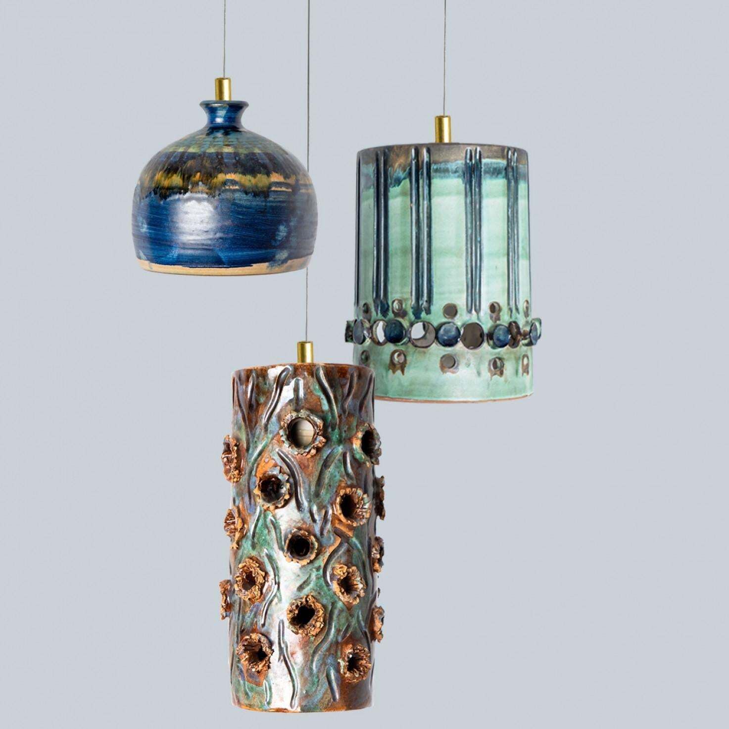 photo furniture 1 Of 3 Turquoise Blue Brown Ceramic Pendant Lights, Denmark, 1970