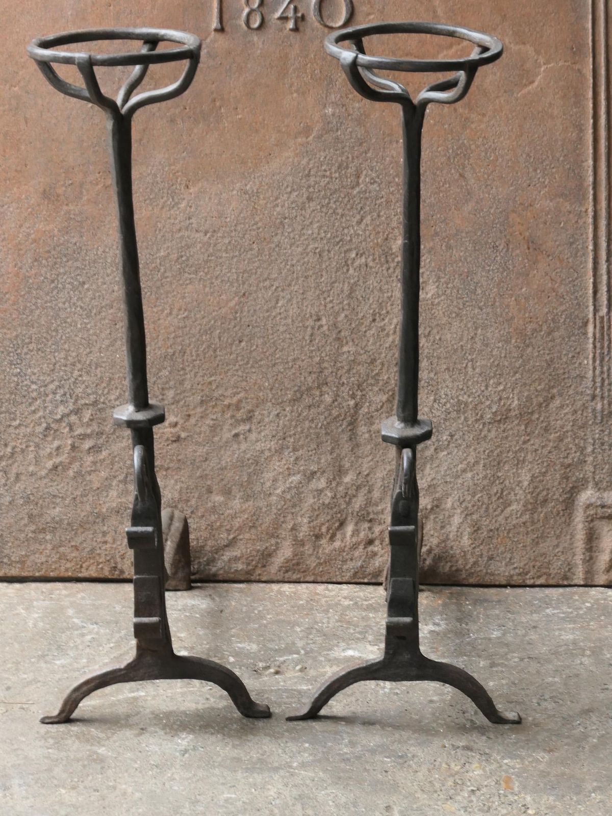 Large French 17th Century Gothic Andirons Or Landiers With Wolf Head photo for sale