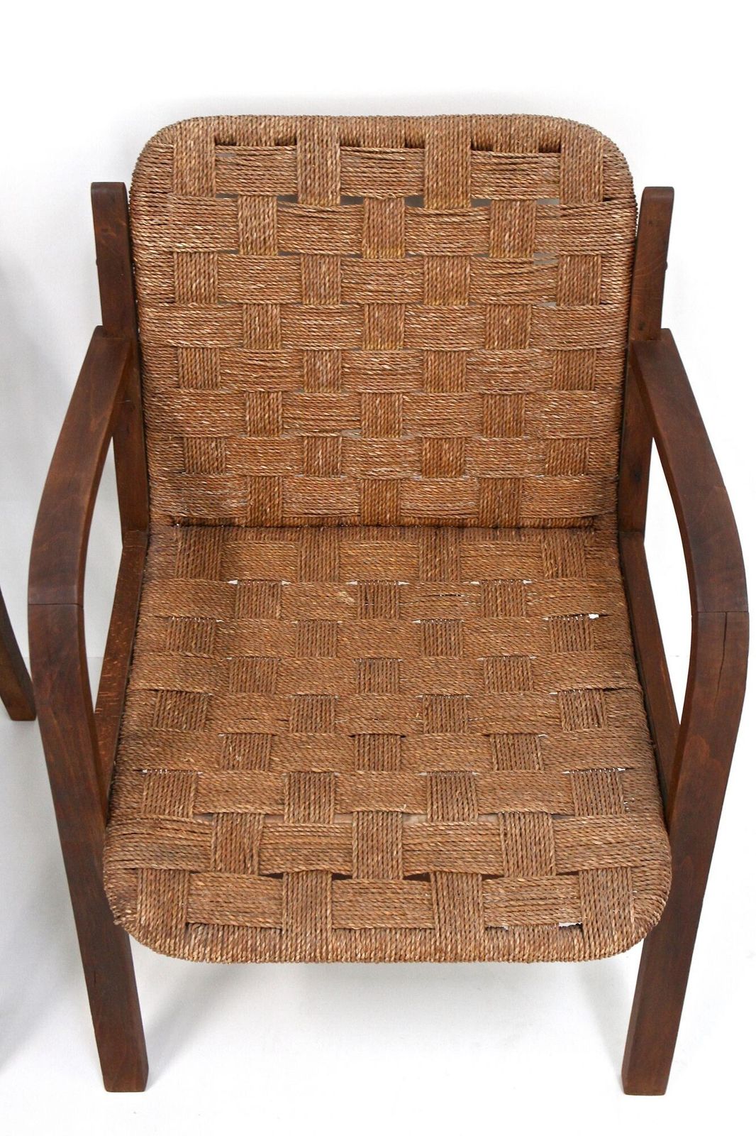 Pair Of Mid Century Armchairs With Woven Rope, Audoux   Minnet, Fr Ca. 1950 photo vinterior