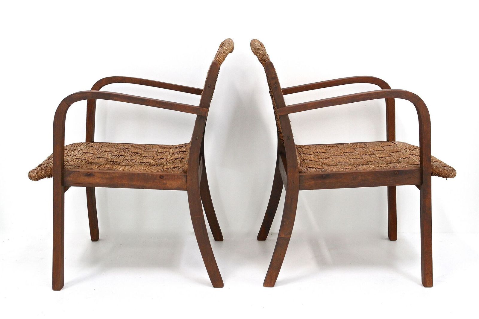 Pair Of Mid Century Armchairs With Woven Rope, Audoux   Minnet, Fr Ca. 1950 photo buy