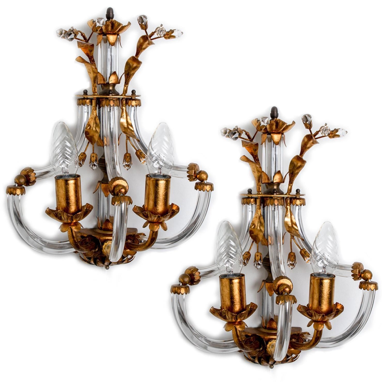 Pair Of Crystal Glass Gilt Brass Wall Lights By Palwa, 1960s photo Lighting