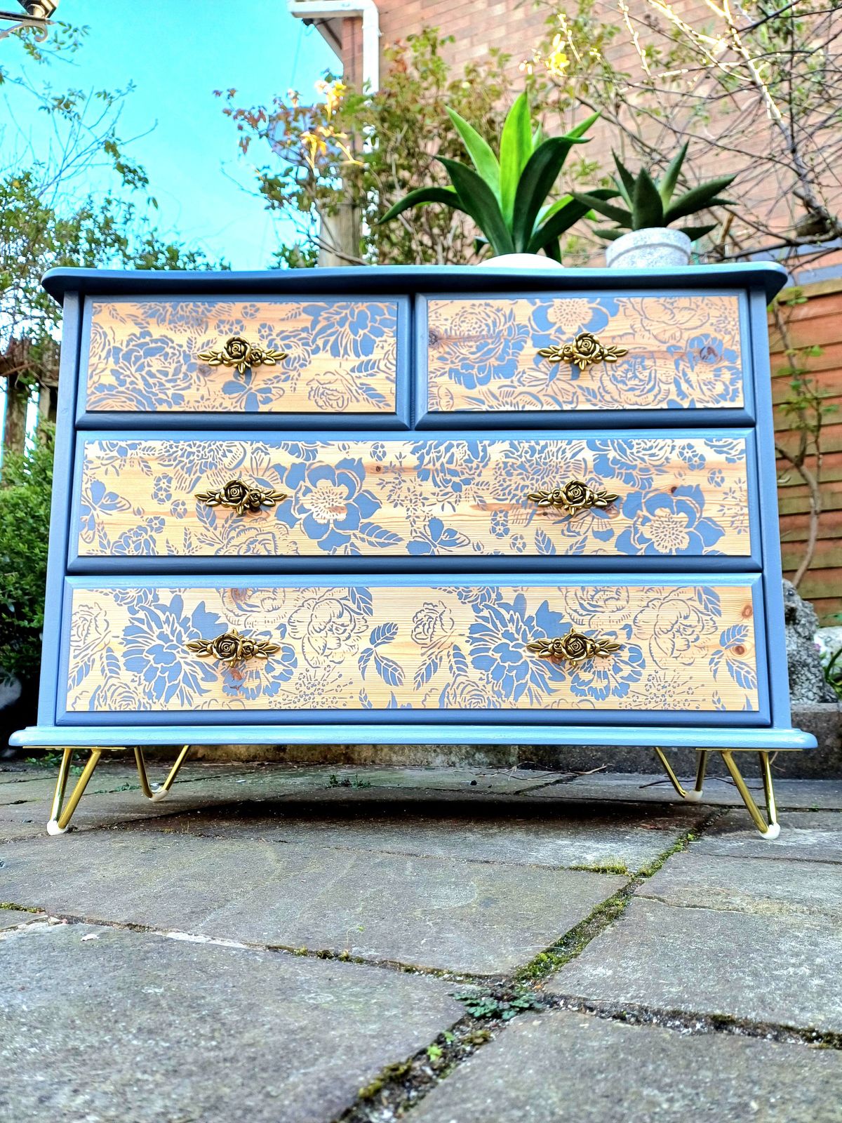 Upcycled Blue Pine Floral Chest Of Drawers photo for sale