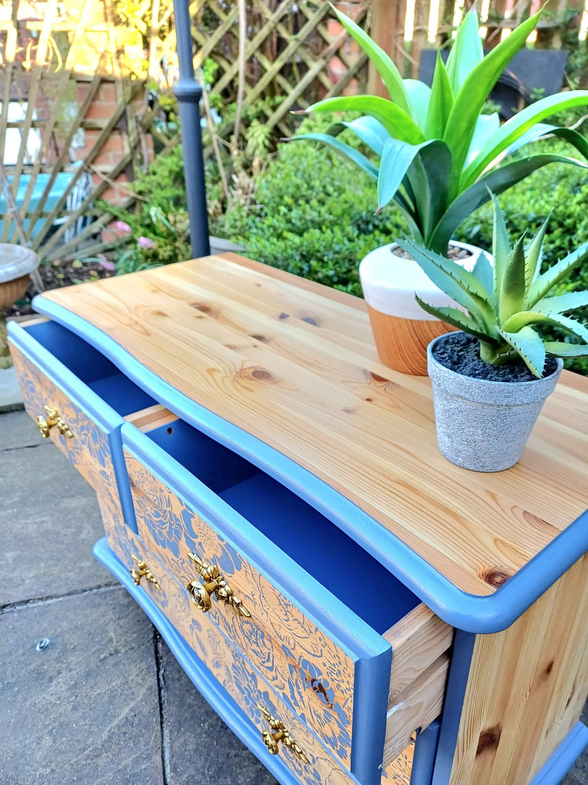 Upcycled Blue Pine Floral Chest Of Drawers photo vintage