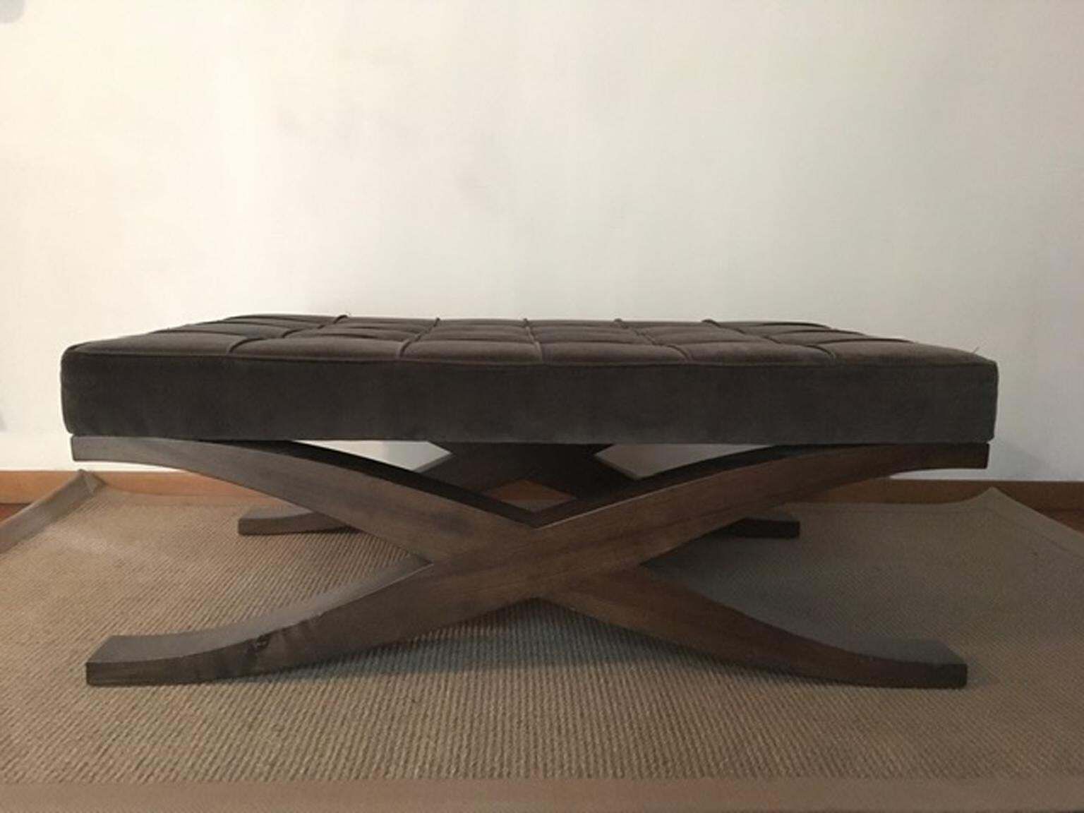 Italy Grey Velvet Upholstered Coffee Table With Crossed Wood Legs photo for sale