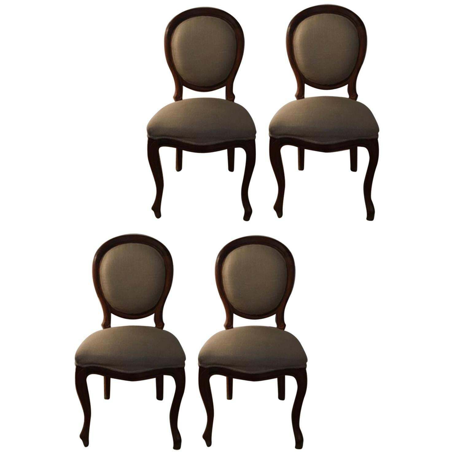 1990 Italy Post Modern Set 4 Chairs In Walnut And Linen