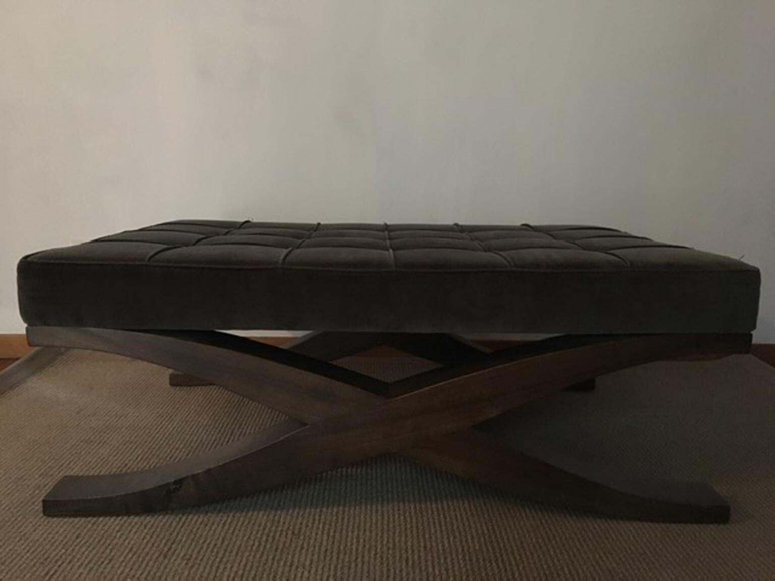 Italy Grey Velvet Upholstered Coffee Table With Crossed Wood Legs photo vintage