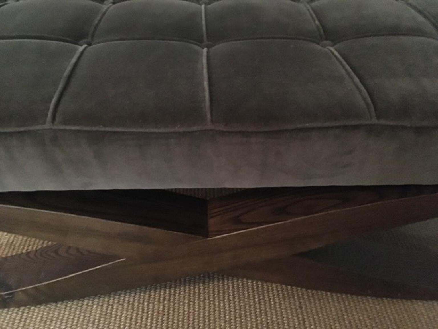 photo furniture Italy Grey Velvet Upholstered Coffee Table With Crossed Wood Legs