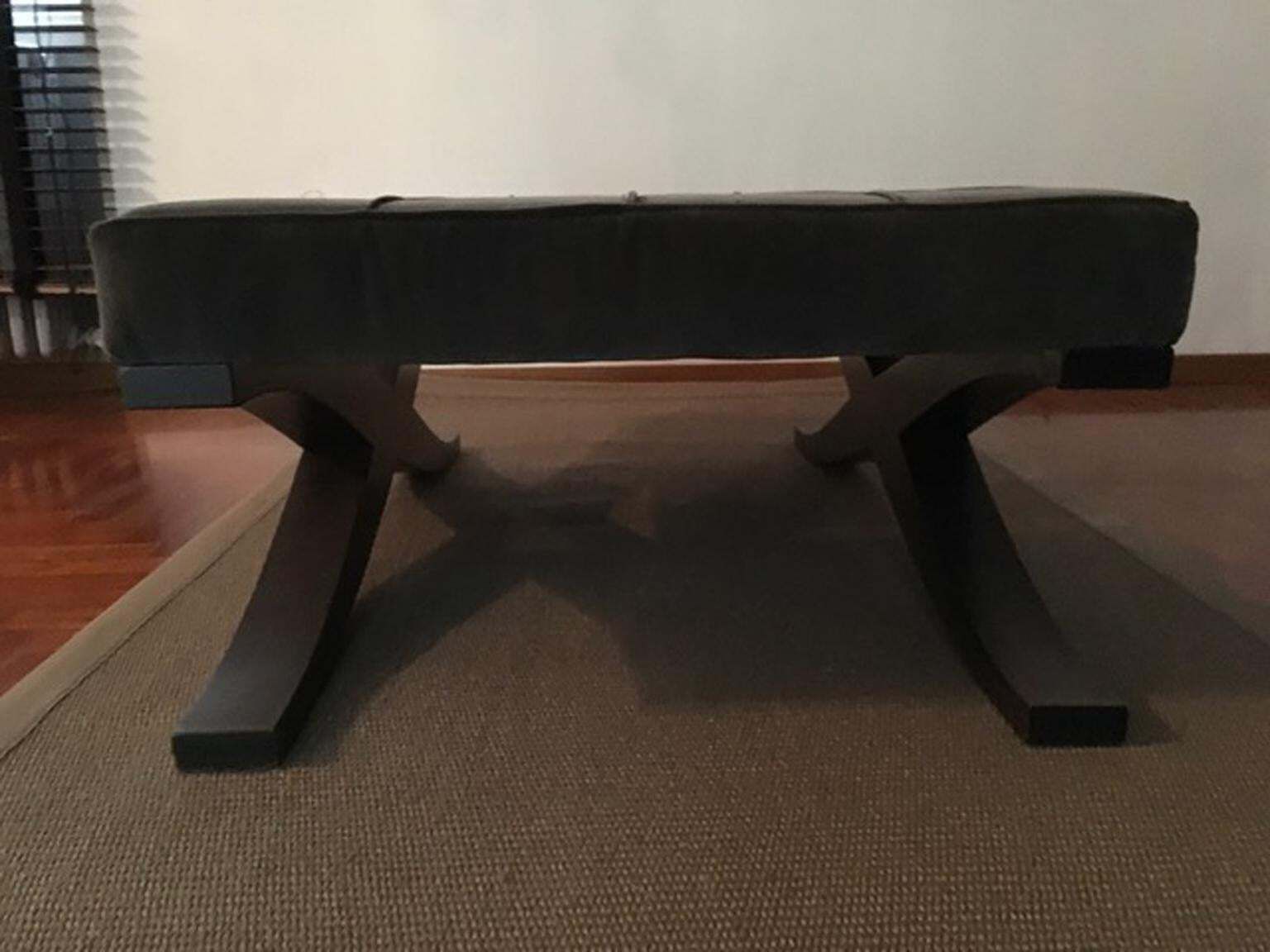 photo vintage Italy Grey Velvet Upholstered Coffee Table With Crossed Wood Legs