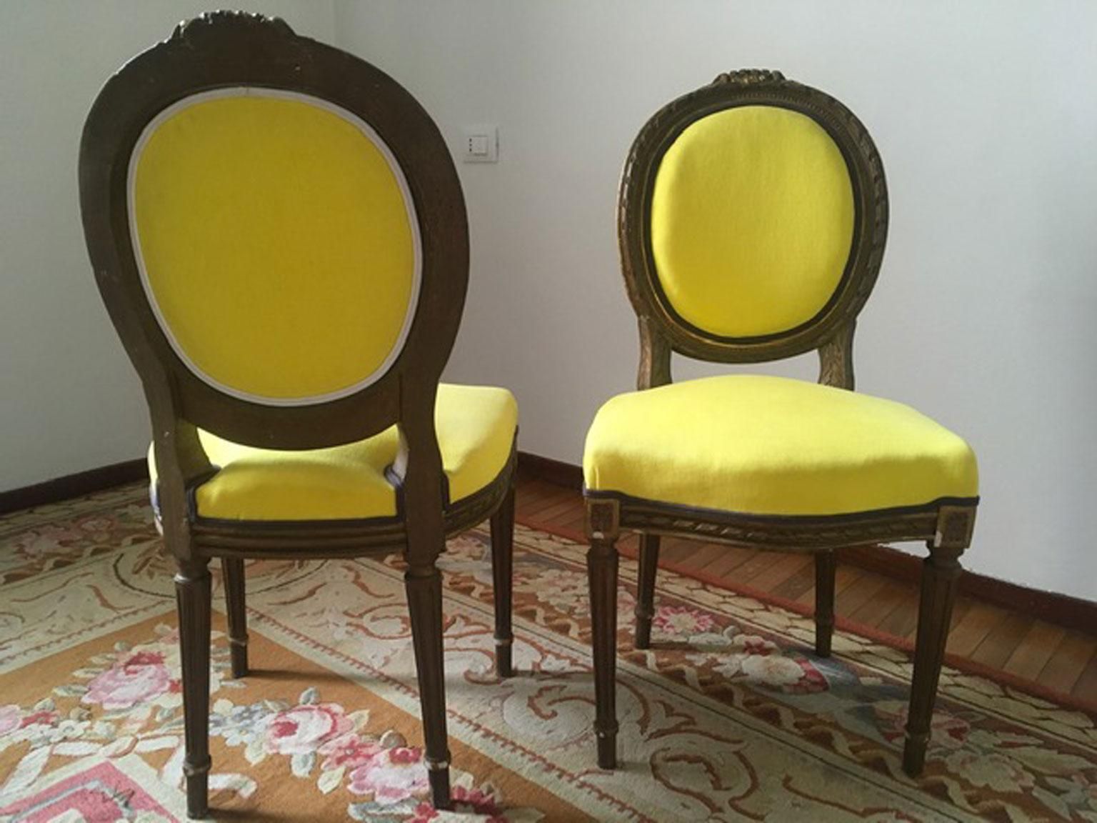 photo vinterior Mid 19th Century Pair French Provincial Wooden Chairs Yellow Linen