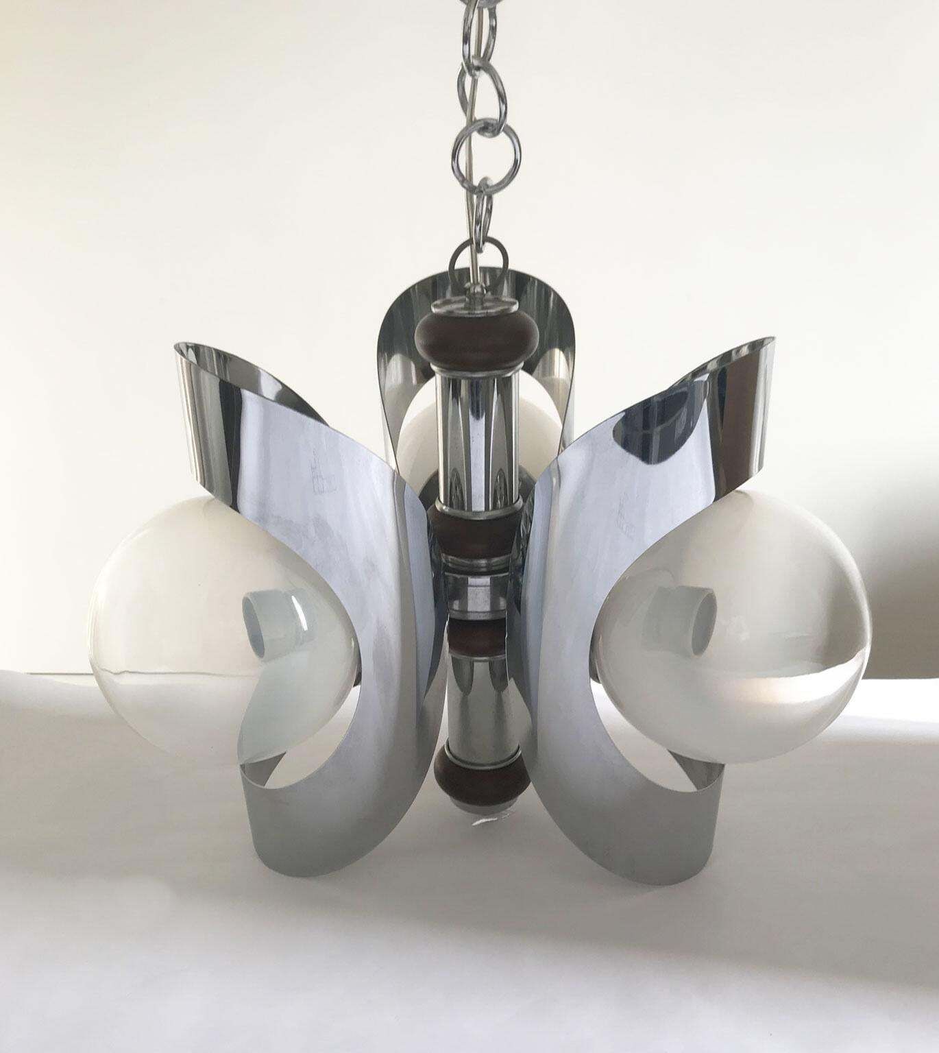 Italy 1970 Mid Century Modern Chandelier Metal Chrome And Glass photo buy