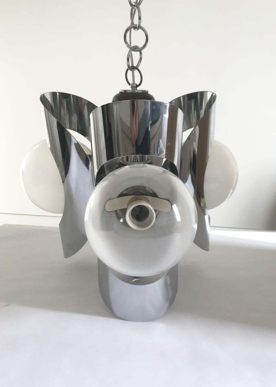 Italy 1970 Mid Century Modern Chandelier Metal Chrome And Glass photo vintage