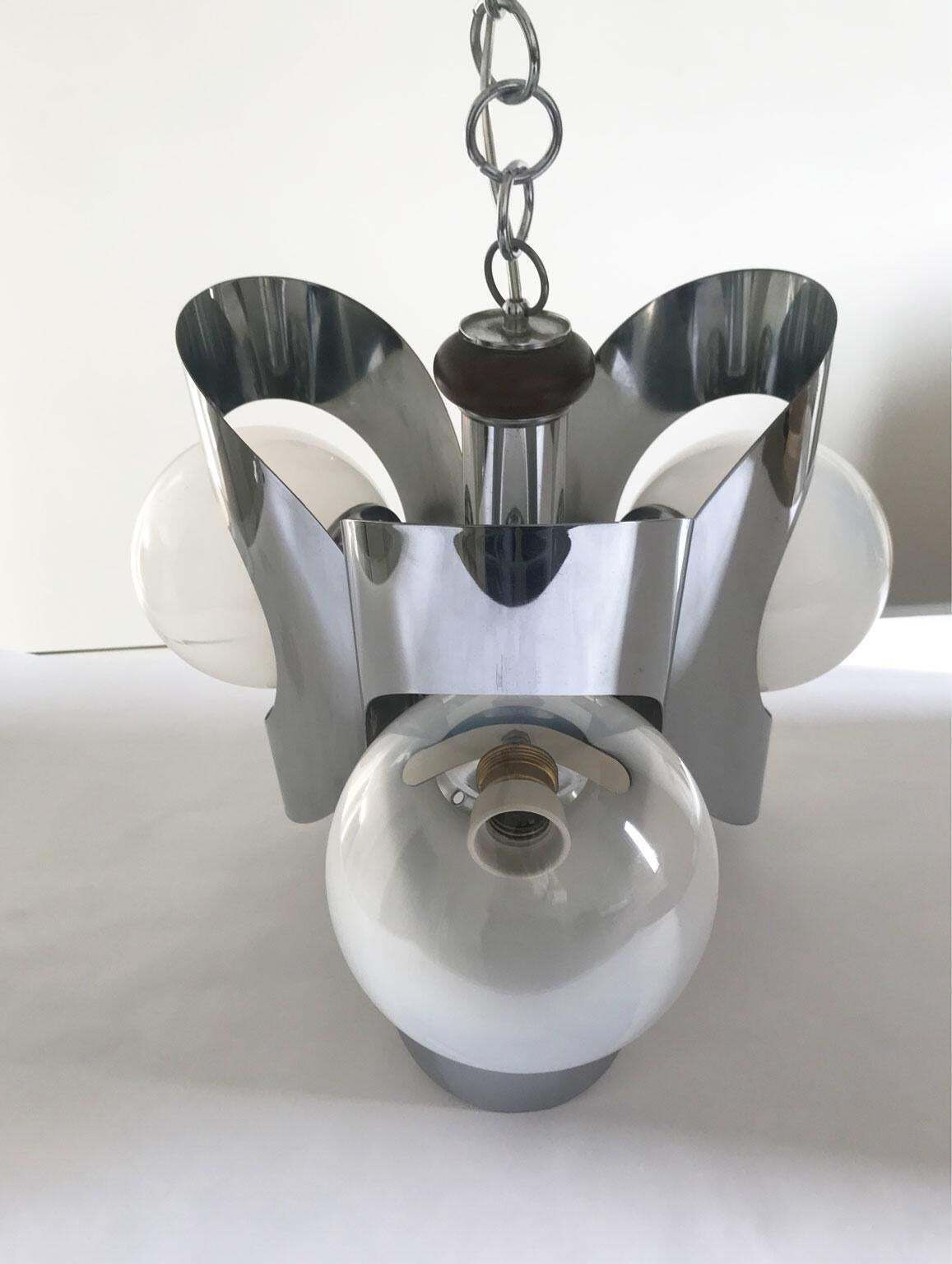 photo furniture Italy 1970 Mid Century Modern Chandelier Metal Chrome And Glass