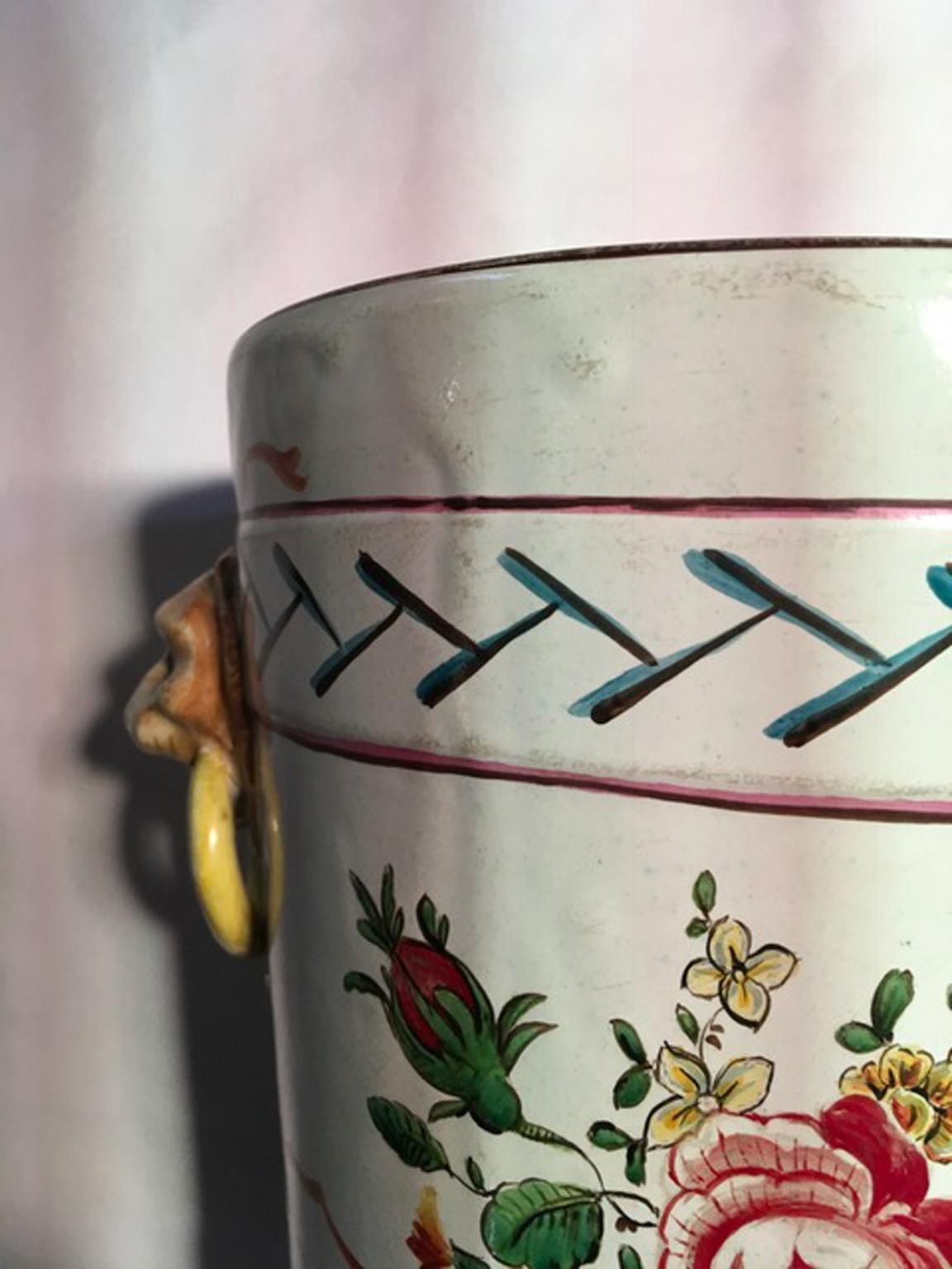 photo for sale France Late 19th Century Pair Of Pottery Cache Pots With Flowers And Lions Heads