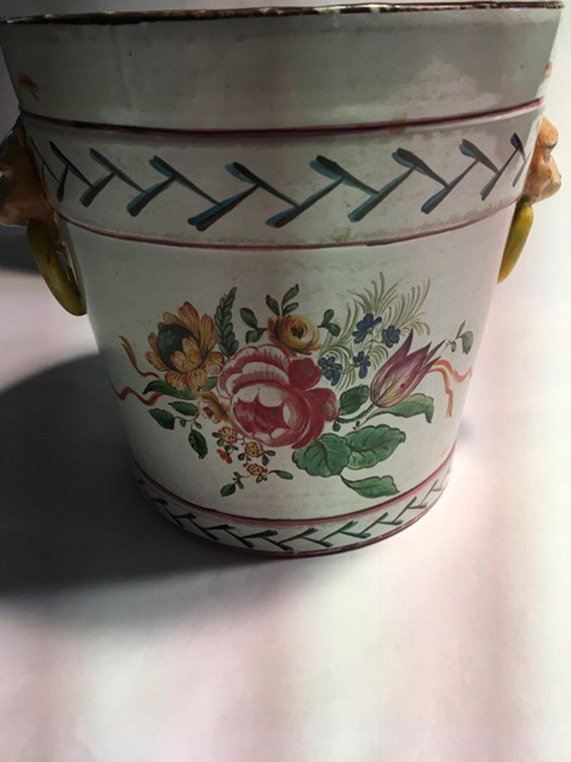 Home Decor France Late 19th Century Pair Of Pottery Cache Pots With Flowers And Lions Heads photo