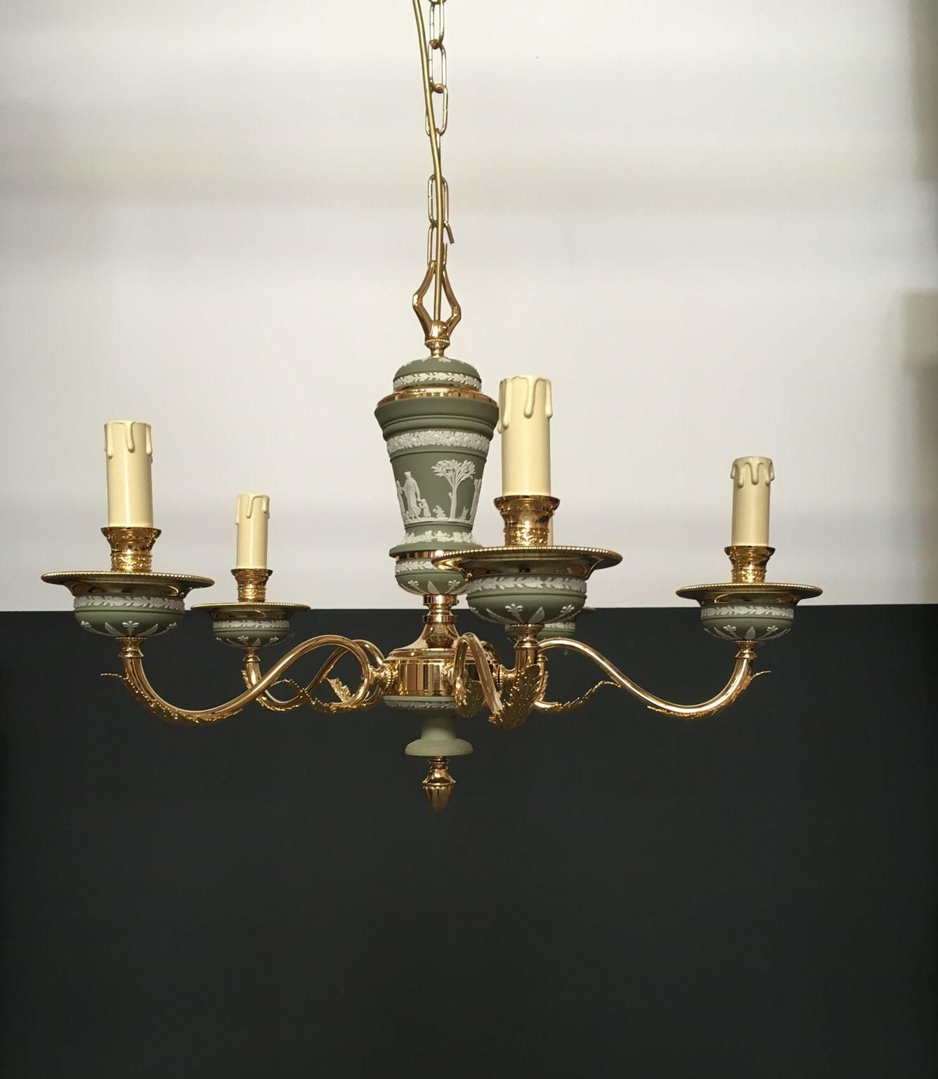 Italy 1970 Hollywood Regency Style Green Porcelain And Brass Chandelier 5 Lights photo for sale