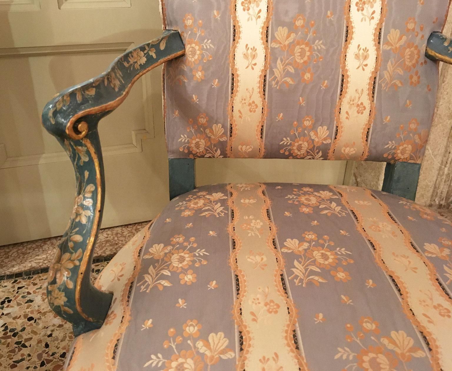 1750 Venezia Italy Set 4 Blue Lacquered Wooden Dining Armchairs With Flowers photo Furniture