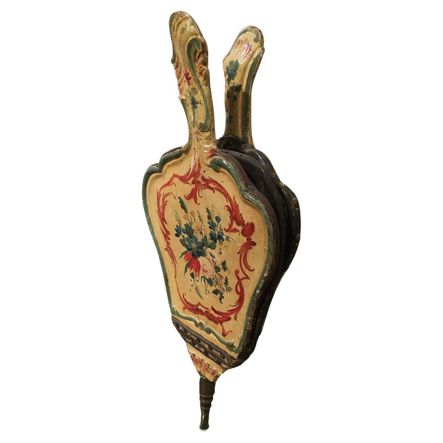 1750 Venezia Italy Yellow Lacquered Carved Wooden Fireplace Bellows With Flowers
