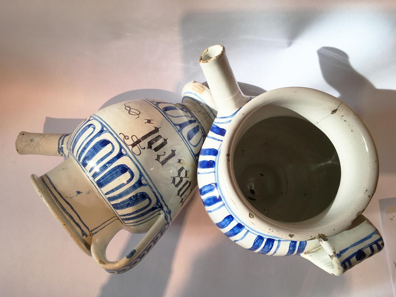 Italy Mid 18th Century Pair Of Ceramic Carafes In White And Blue For Pharmacy photo vinterior