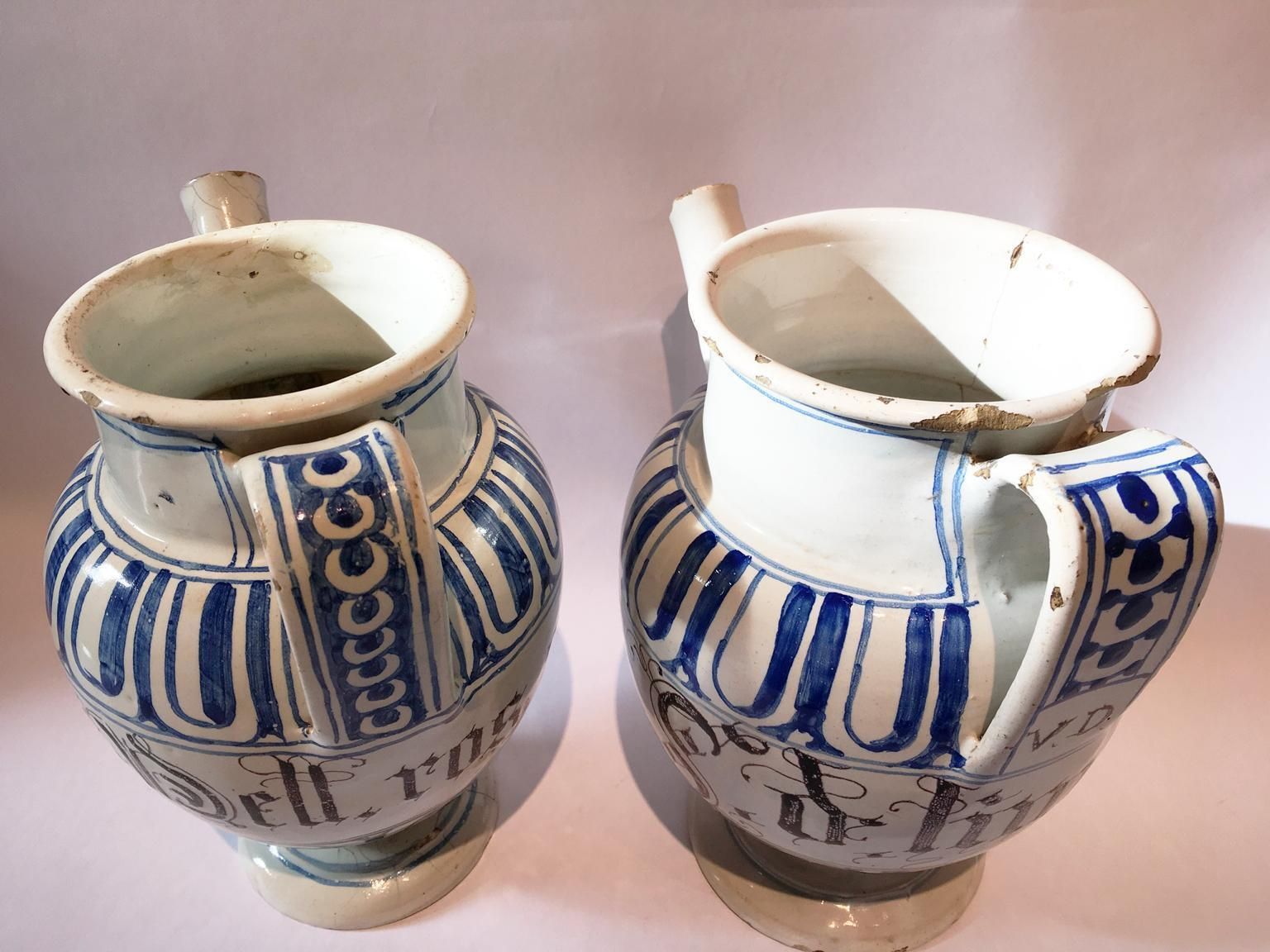 Home Decor Italy Mid 18th Century Pair Of Ceramic Carafes In White And Blue For Pharmacy photo