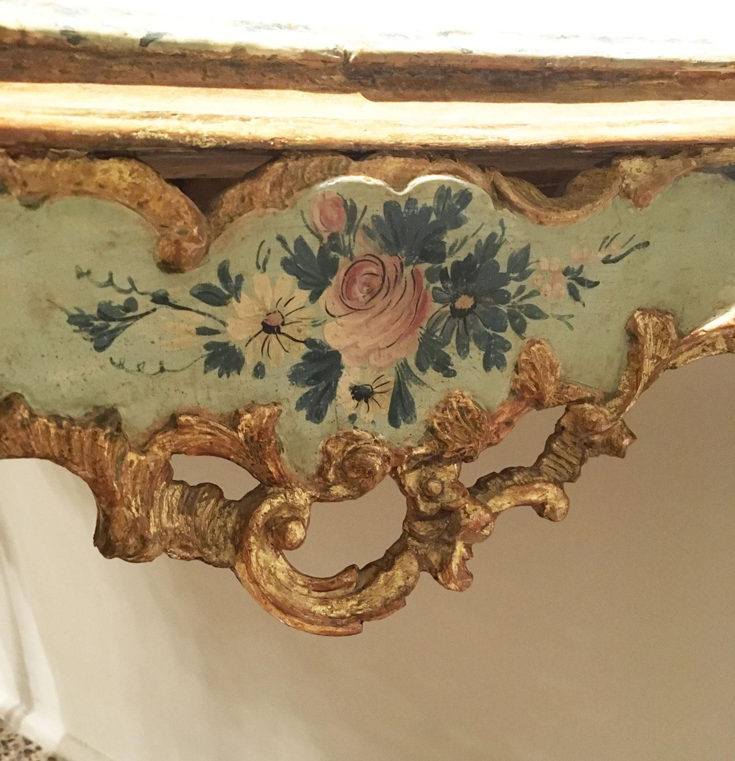 110584.0 1750 Venezia Wooden Light Blue And Green Lacquered Engraved Console With Flowers photo