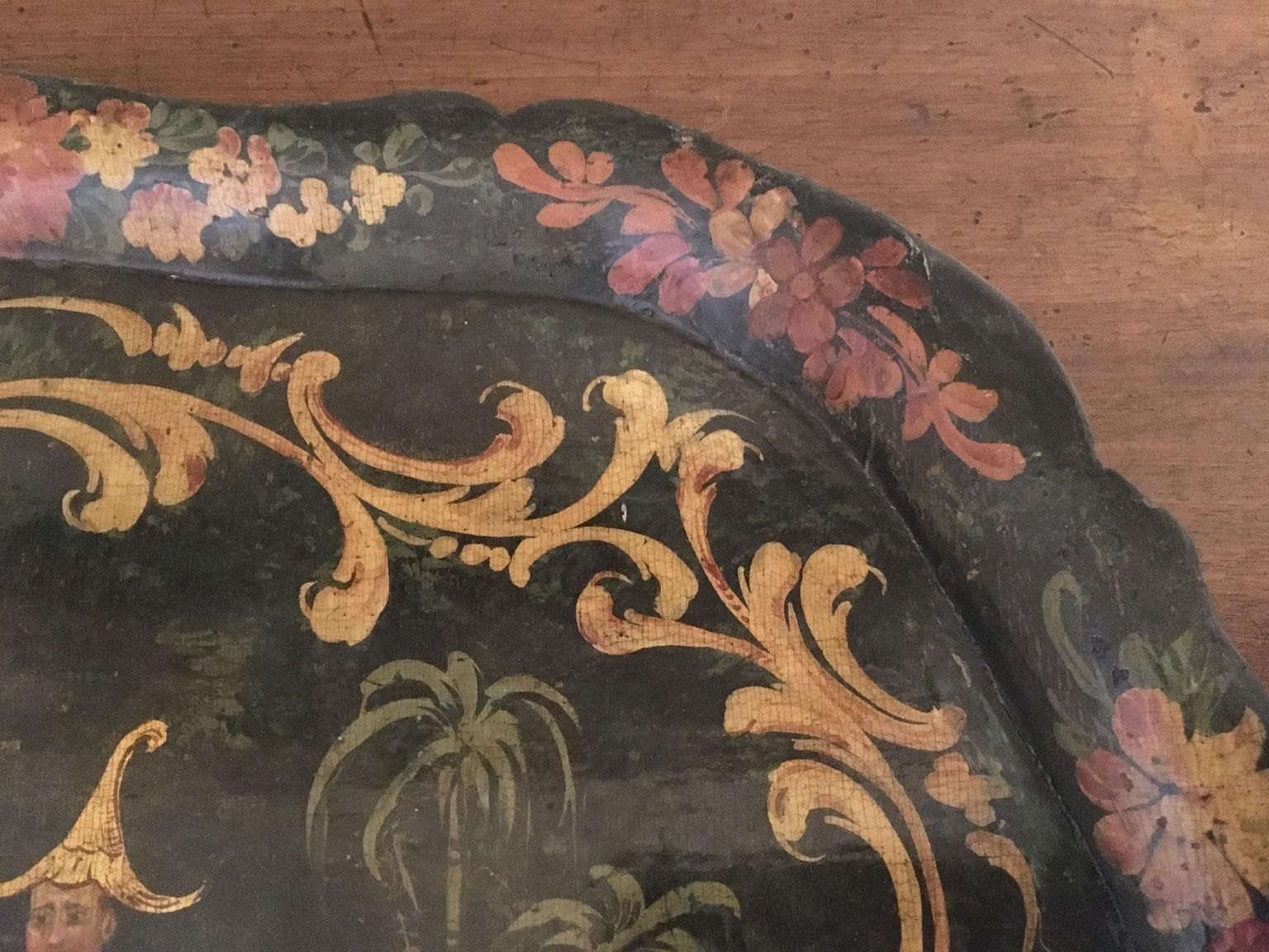 1750 Venezia Italy Green Lacquered Wooden Tray With Chinese Figures photo buy