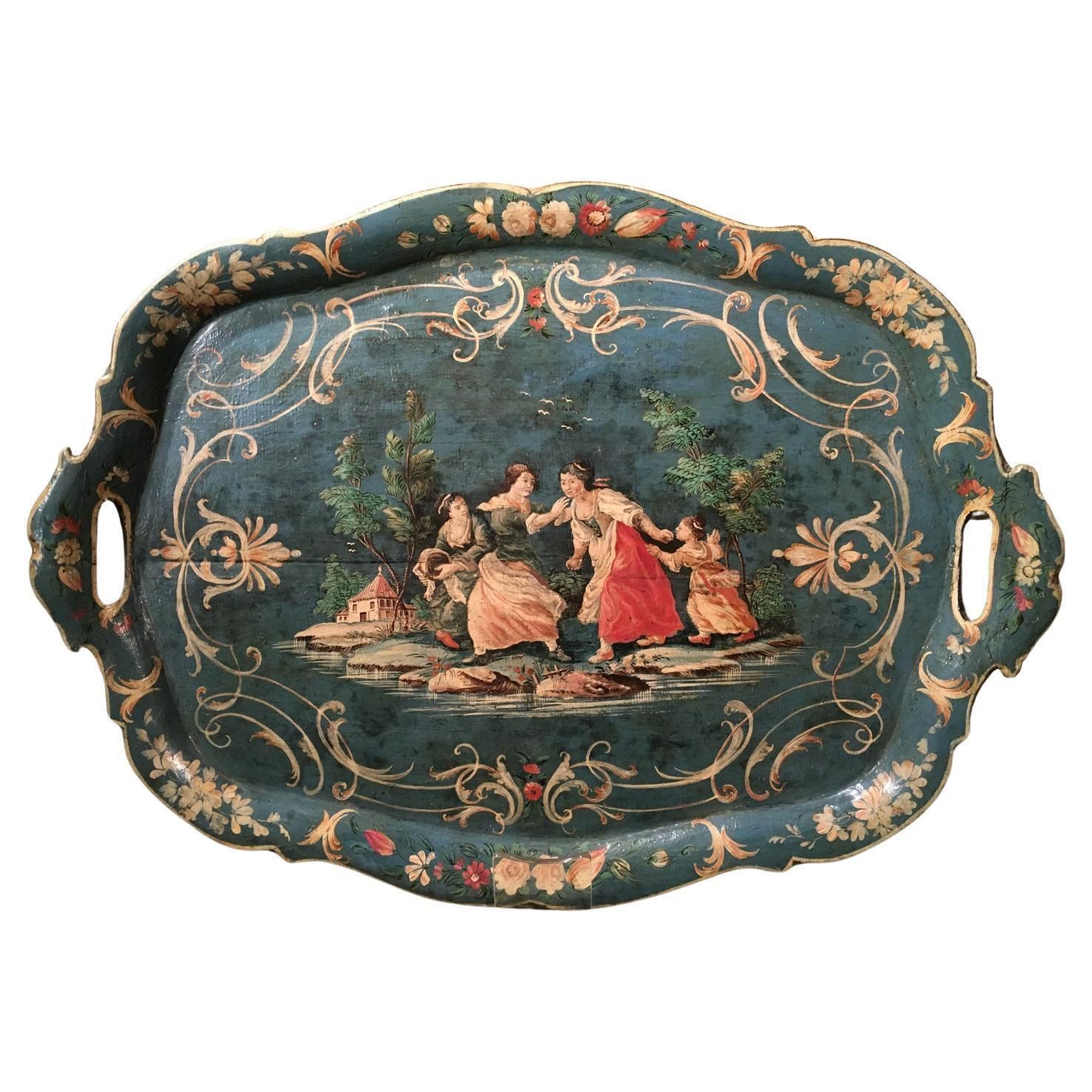 1750 Venezia Italy Blue Lacquered  Wooden Tray With Rural Scenes And Flowers