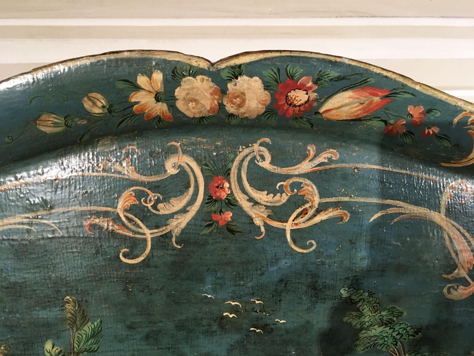 photo vintage 1750 Venezia Italy Blue Lacquered  Wooden Tray With Rural Scenes And Flowers