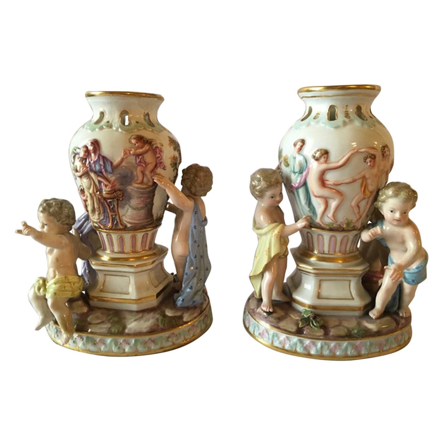 Europe Mid 19th Century Meissen Pair Porcelain Vases