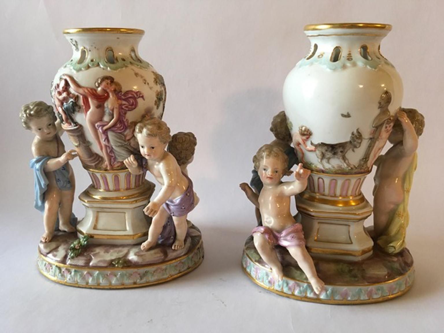 Europe Mid 19th Century Meissen Pair Porcelain Vases photo for sale