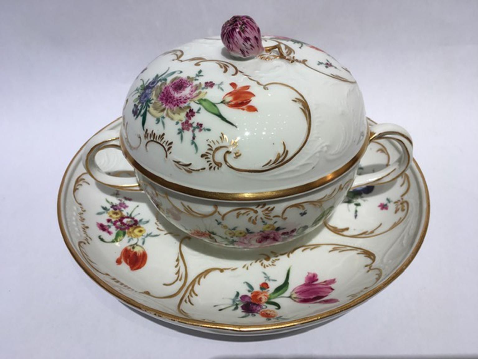 Meissen Mid 19thcentury Golden Porcelain Covered Cup Multicolors Flower Drawings photo furniture