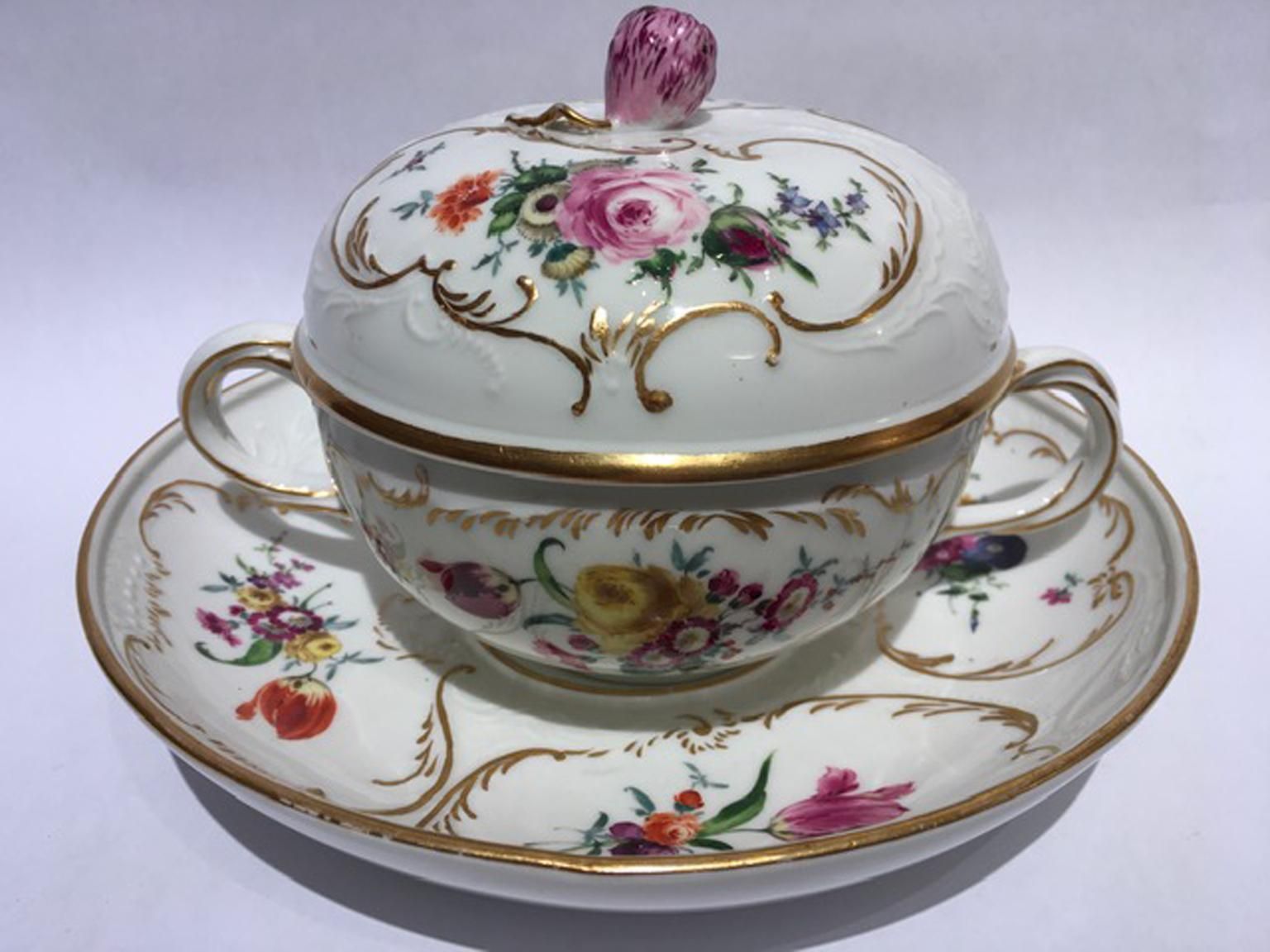 Meissen Mid 19thcentury Golden Porcelain Covered Cup Multicolors Flower Drawings photo Home Decor