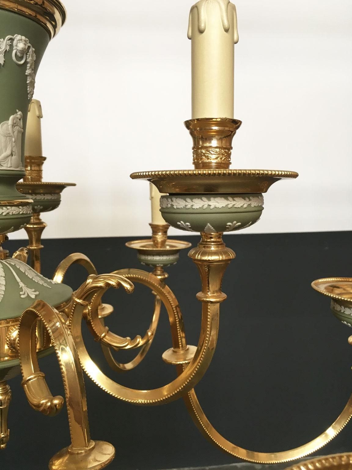 1970 Italy Hollywood Regency Style Green Porcelain And Brass Chandelier 9 Lights photo for sale