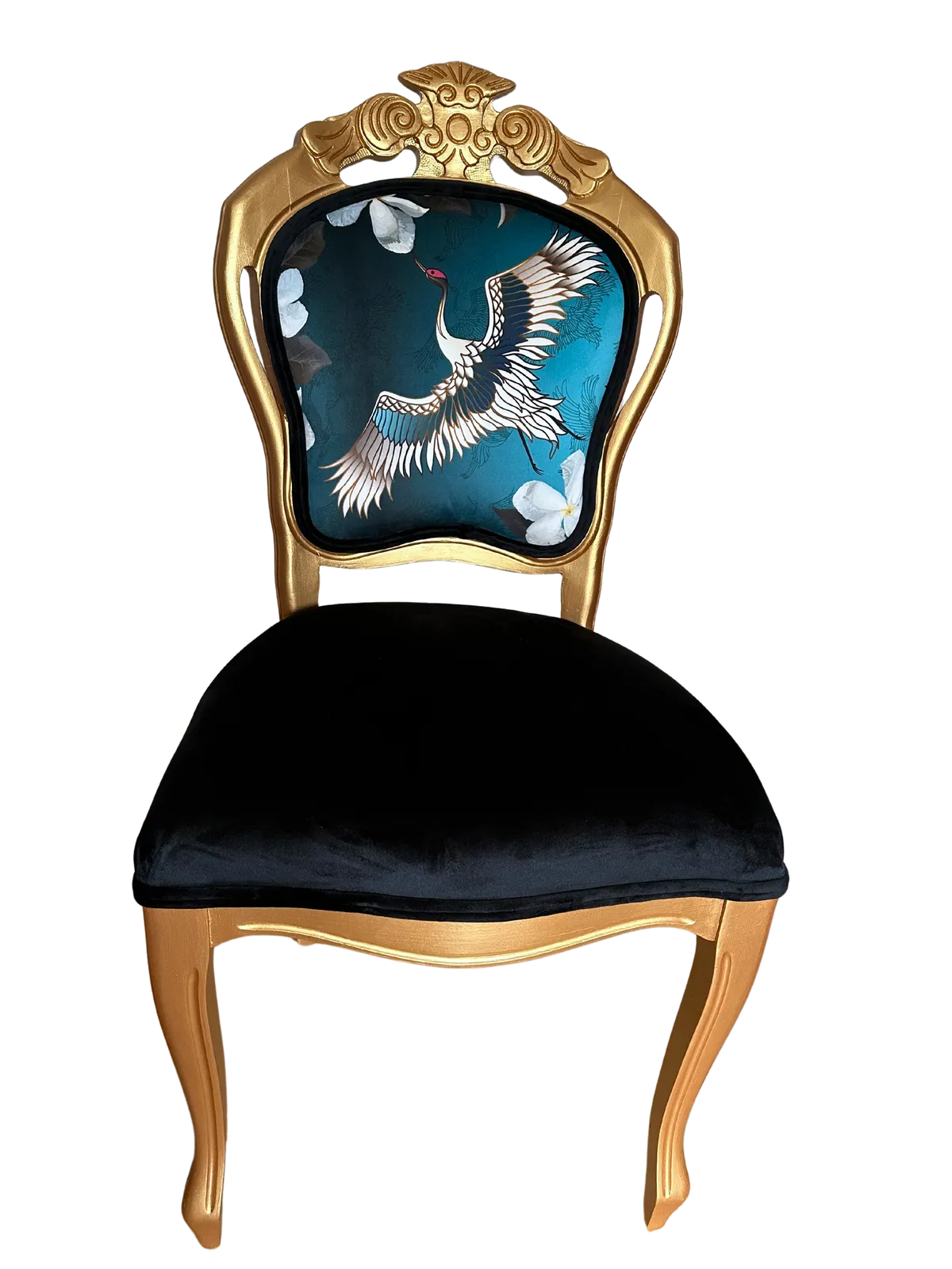 Luxury Gold Leaf Paint French Louis XV Style Chairs – Black Velvet & Crane Detail (Set Of 2) photo vinterior