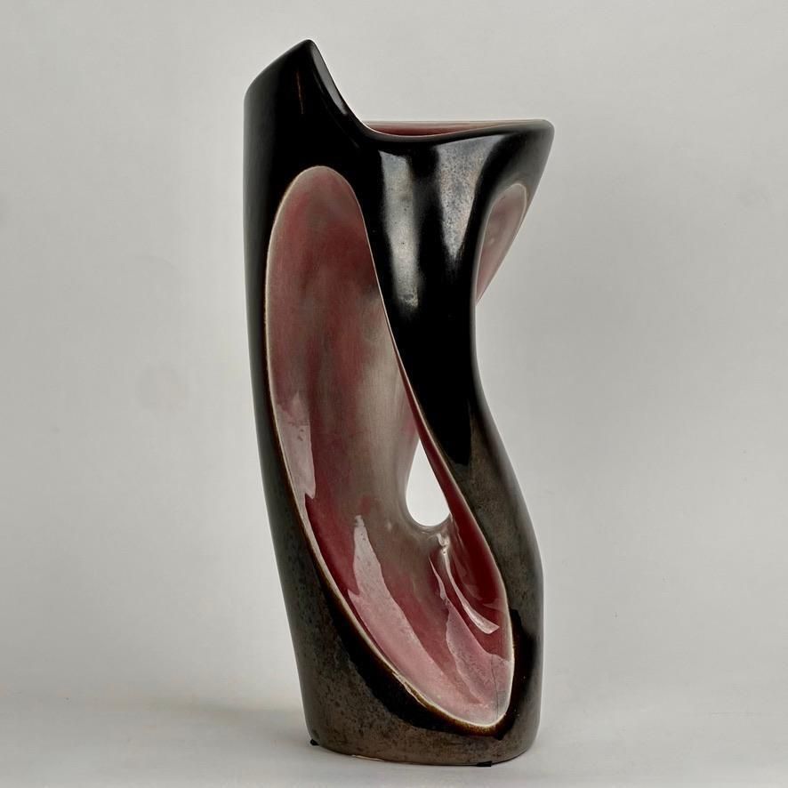 Mid Century Modern Italian Dark Brown & Mauve Glazed Ceramic Sculptural Vase photo for sale