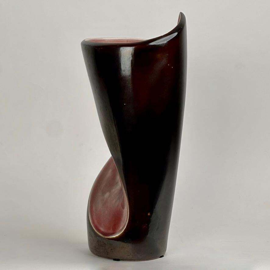 Mid Century Modern Italian Dark Brown & Mauve Glazed Ceramic Sculptural Vase photo 766.0